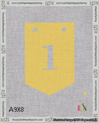 A taped needlepoint canvas with the design: Banner 18 mesh count Pointed 1 White on Yellow.