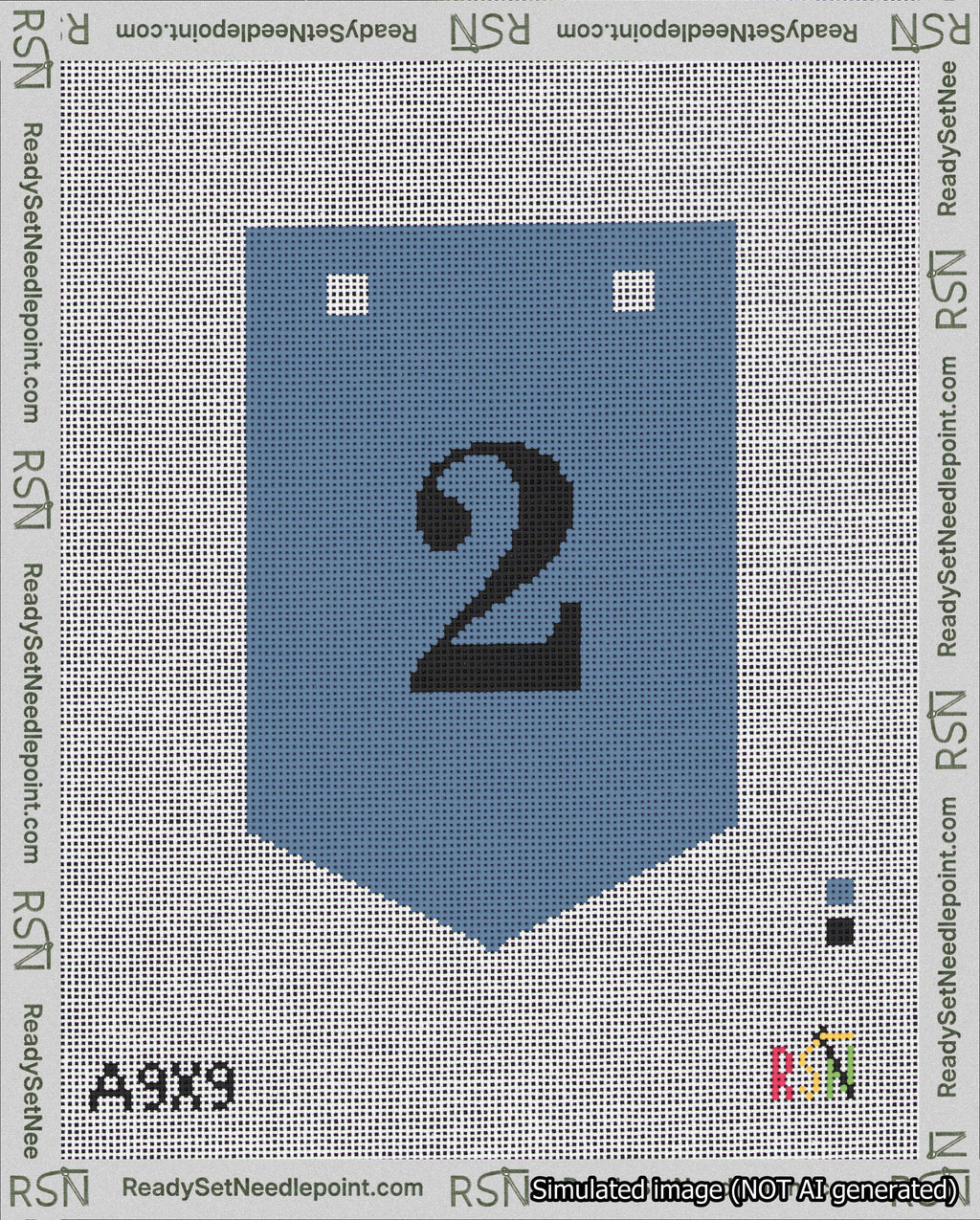 A taped needlepoint canvas with the design: Banner 18 mesh count Pointed 2 Black on Blue.