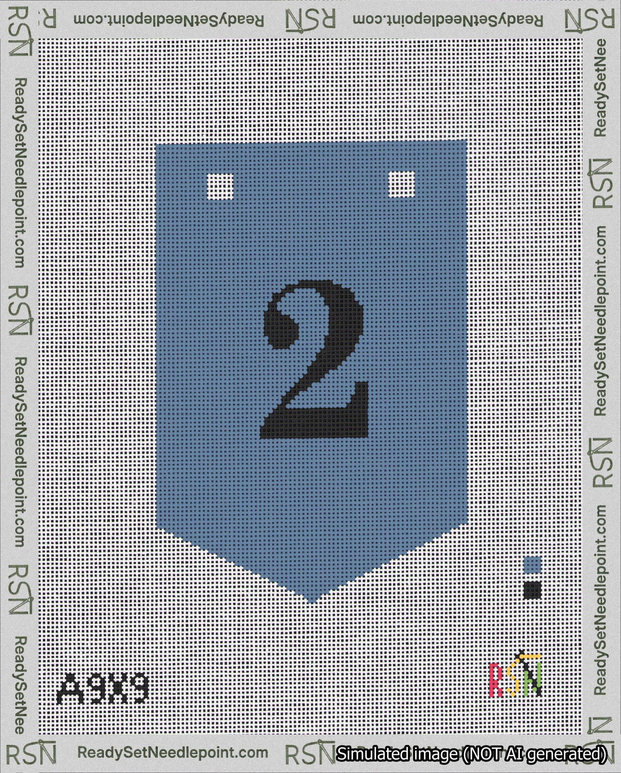 A taped needlepoint canvas with the design: Banner 18 mesh count Pointed 2 Black on Blue.