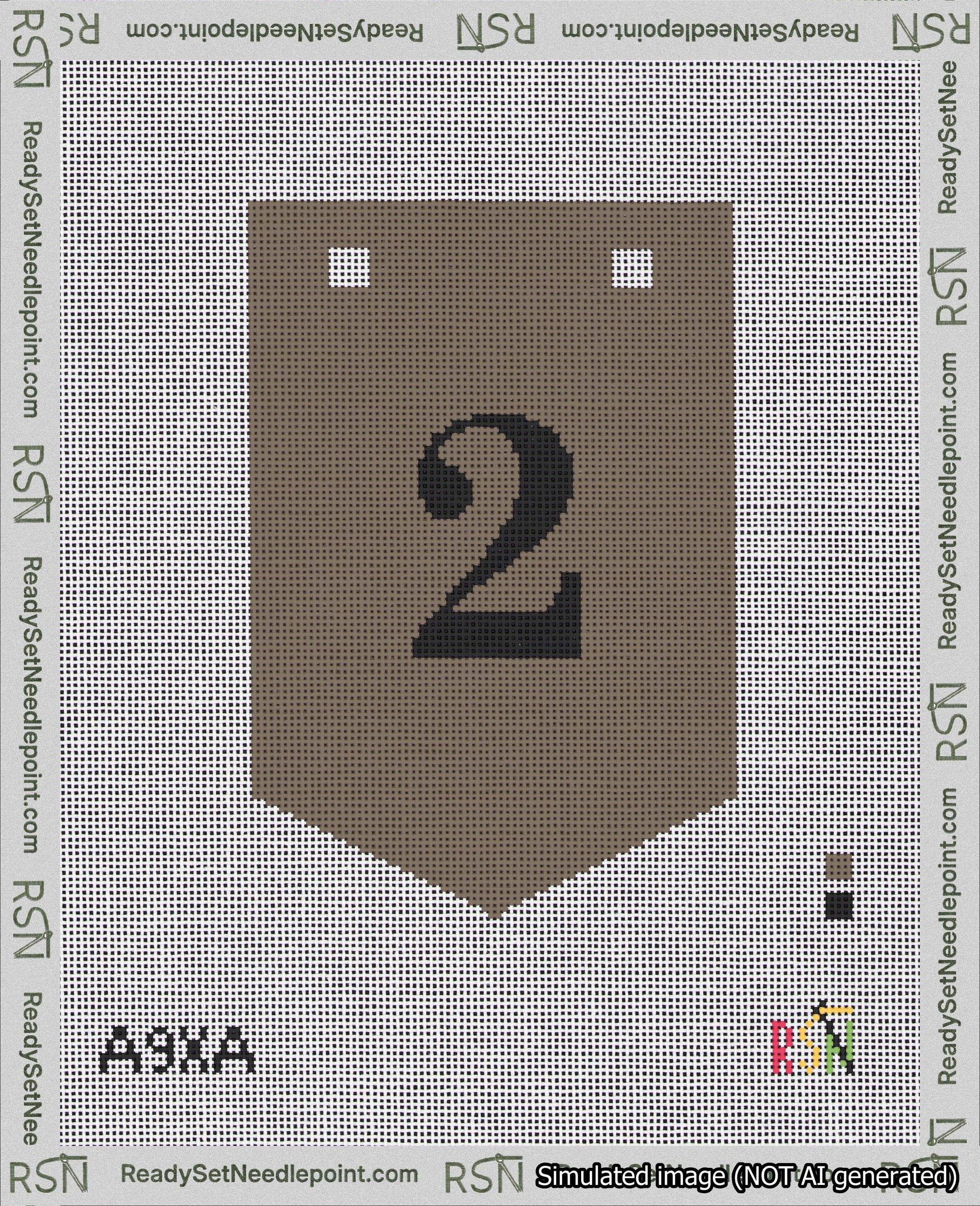 A taped needlepoint canvas with the design: Banner 18 mesh count Pointed 2 Black on Brown.