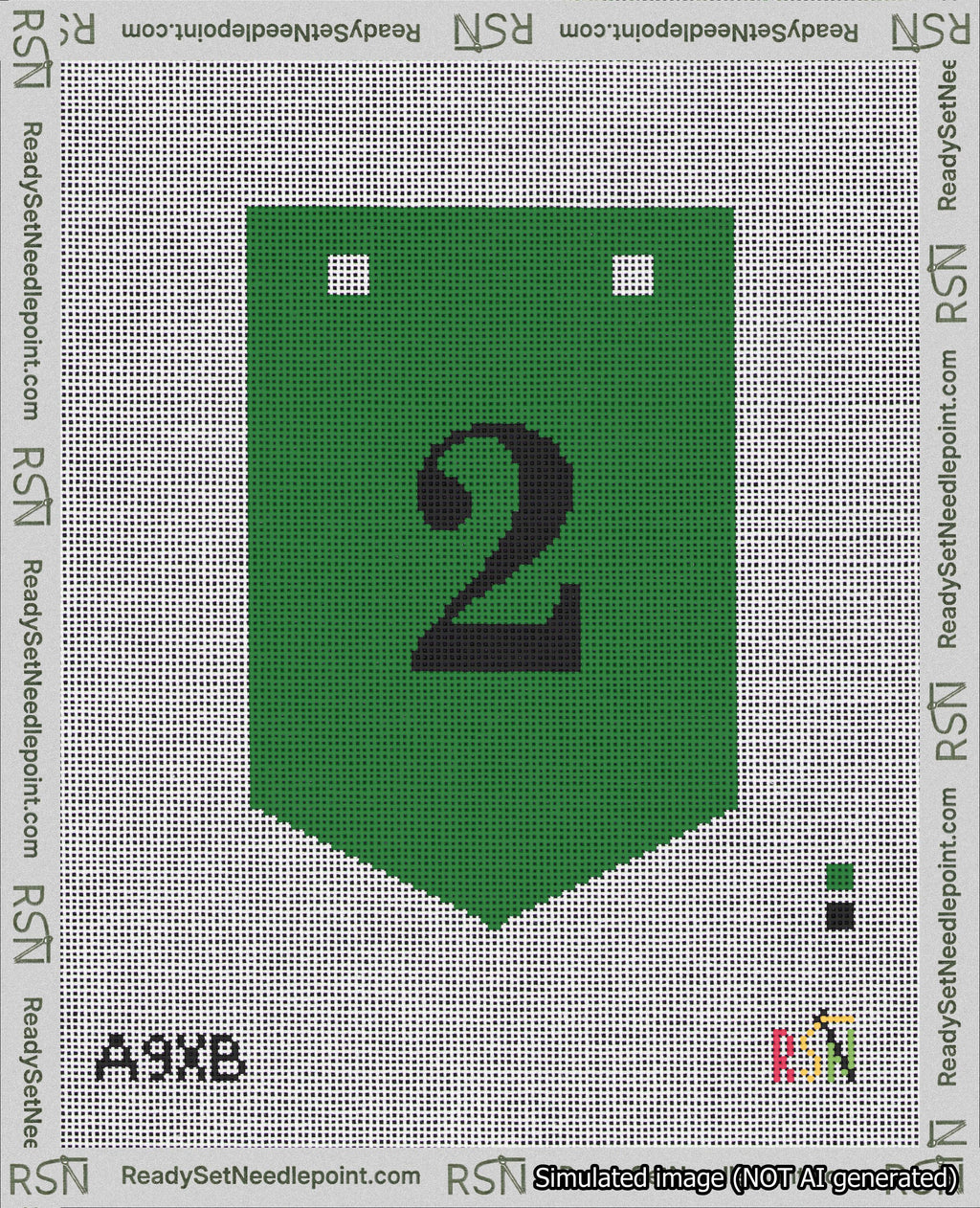 A taped needlepoint canvas with the design: Banner 18 mesh count Pointed 2 Black on Green.