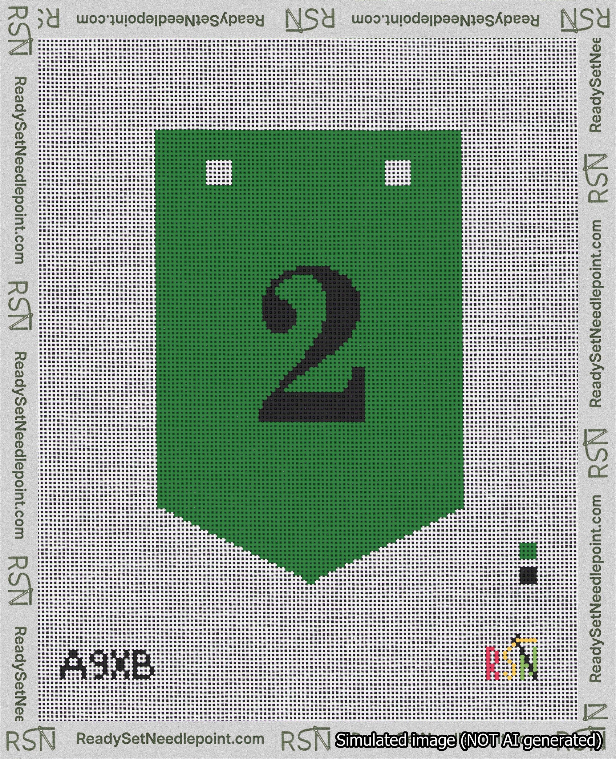 A taped needlepoint canvas with the design: Banner 18 mesh count Pointed 2 Black on Green.