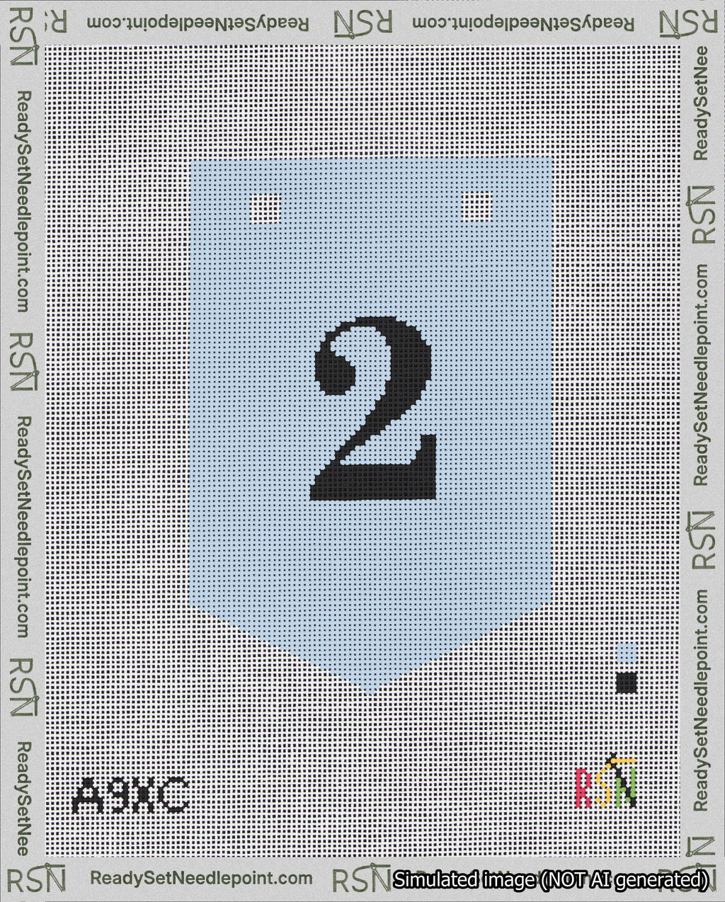 A taped needlepoint canvas with the design: Banner 18 mesh count Pointed 2 Black on Light Blue.