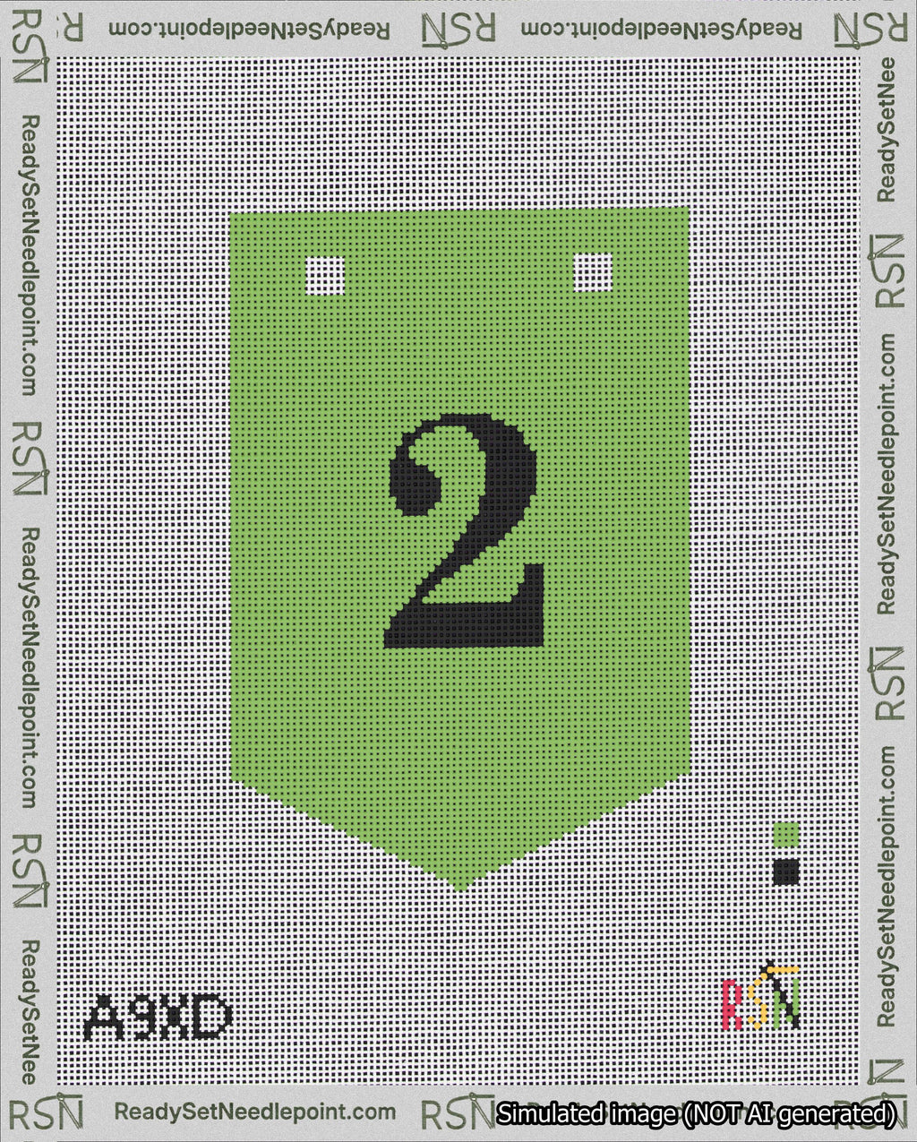 A taped needlepoint canvas with the design: Banner 18 mesh count Pointed 2 Black on Light Green.