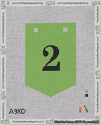 A taped needlepoint canvas with the design: Banner 18 mesh count Pointed 2 Black on Light Green.