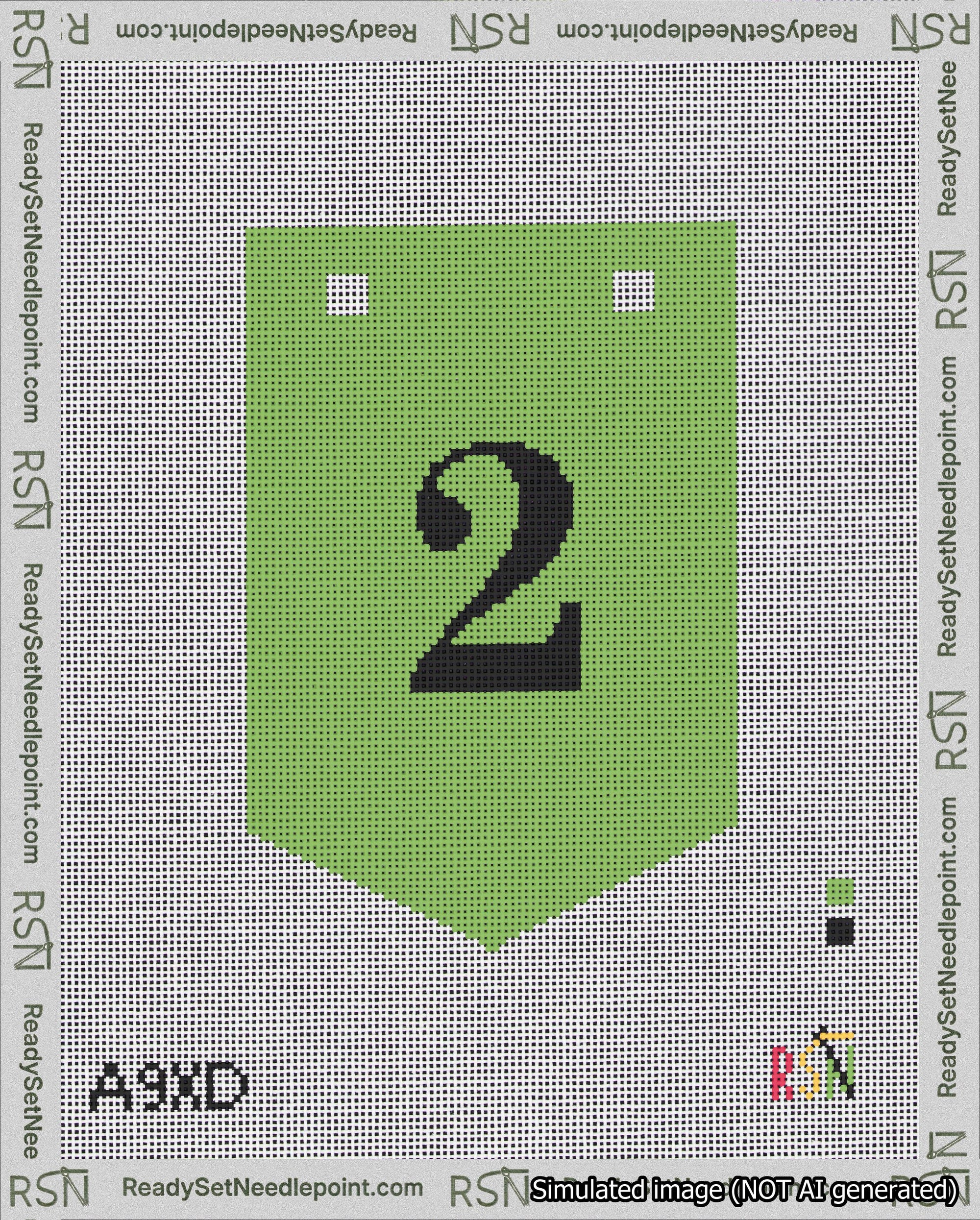 A taped needlepoint canvas with the design: Banner 18 mesh count Pointed 2 Black on Light Green.