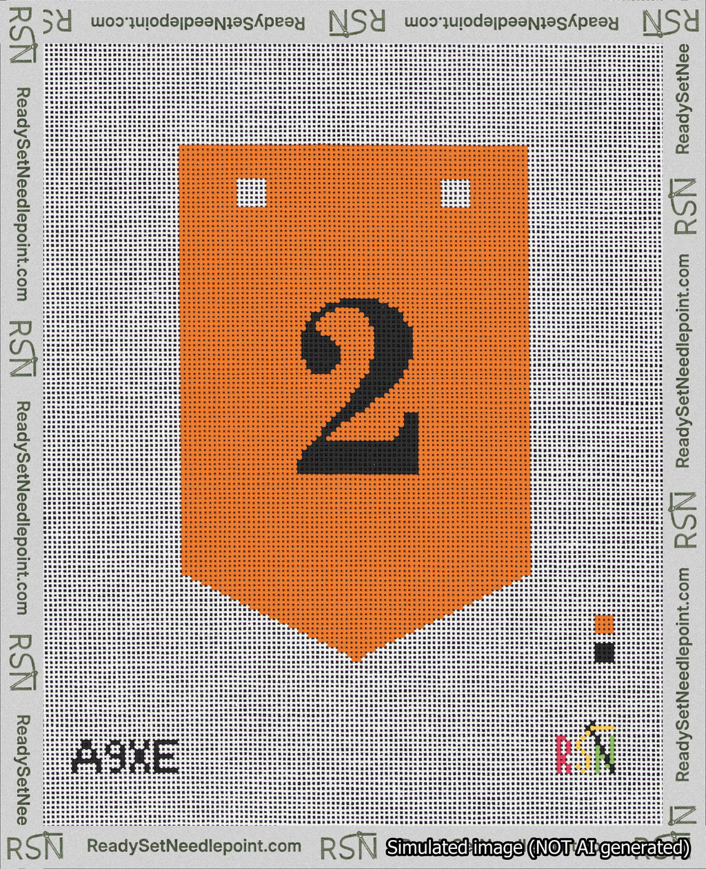 A taped needlepoint canvas with the design: Banner 18 mesh count Pointed 2 Black on Orange.