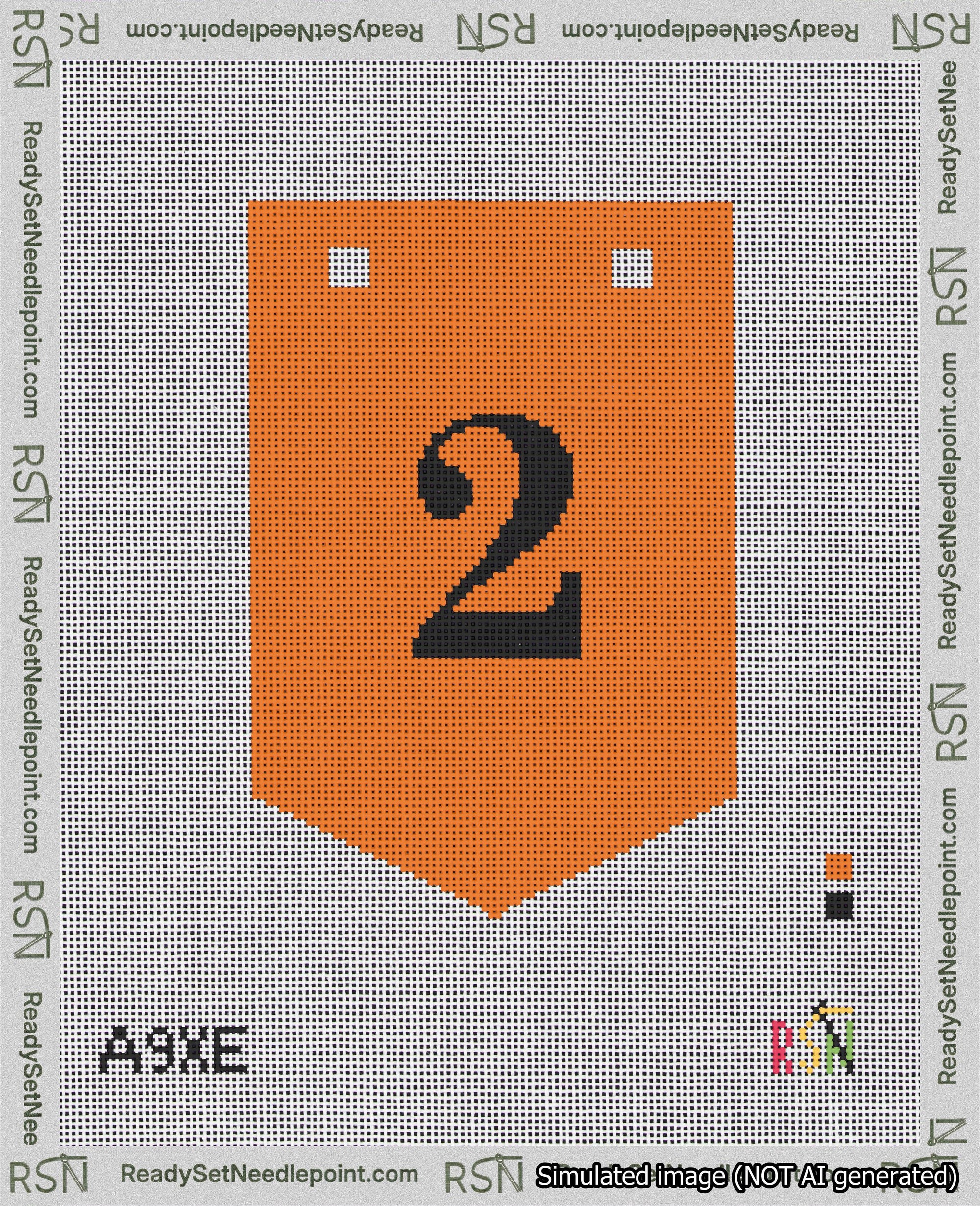 A taped needlepoint canvas with the design: Banner 18 mesh count Pointed 2 Black on Orange.