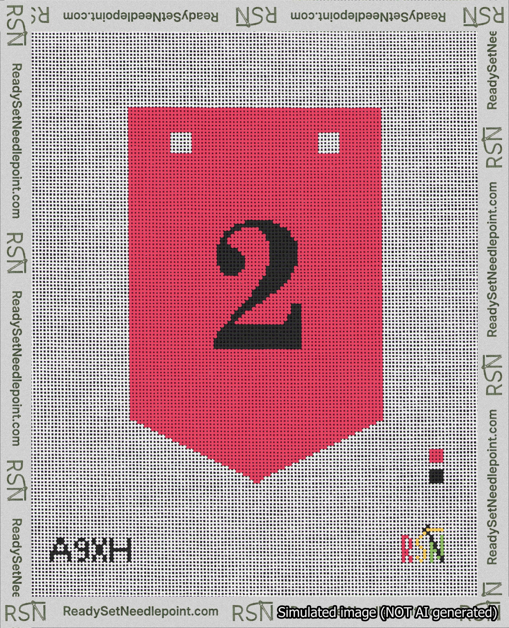 A taped needlepoint canvas with the design: Banner 18 mesh count Pointed 2 Black on Red.