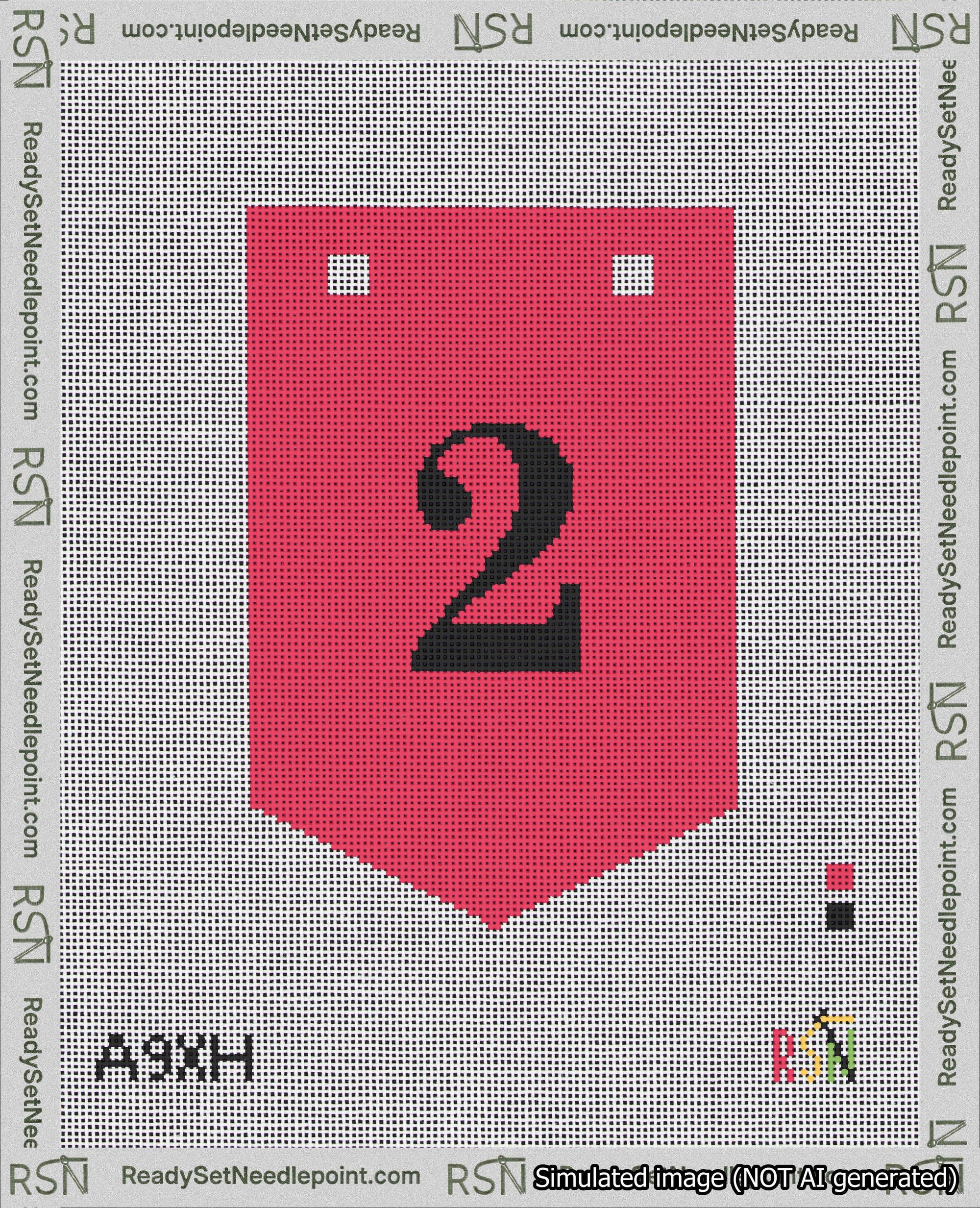 A taped needlepoint canvas with the design: Banner 18 mesh count Pointed 2 Black on Red.