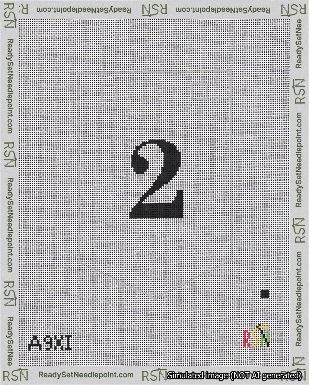 A taped needlepoint canvas with the design: Banner 18 mesh count Pointed 2 Black on White.