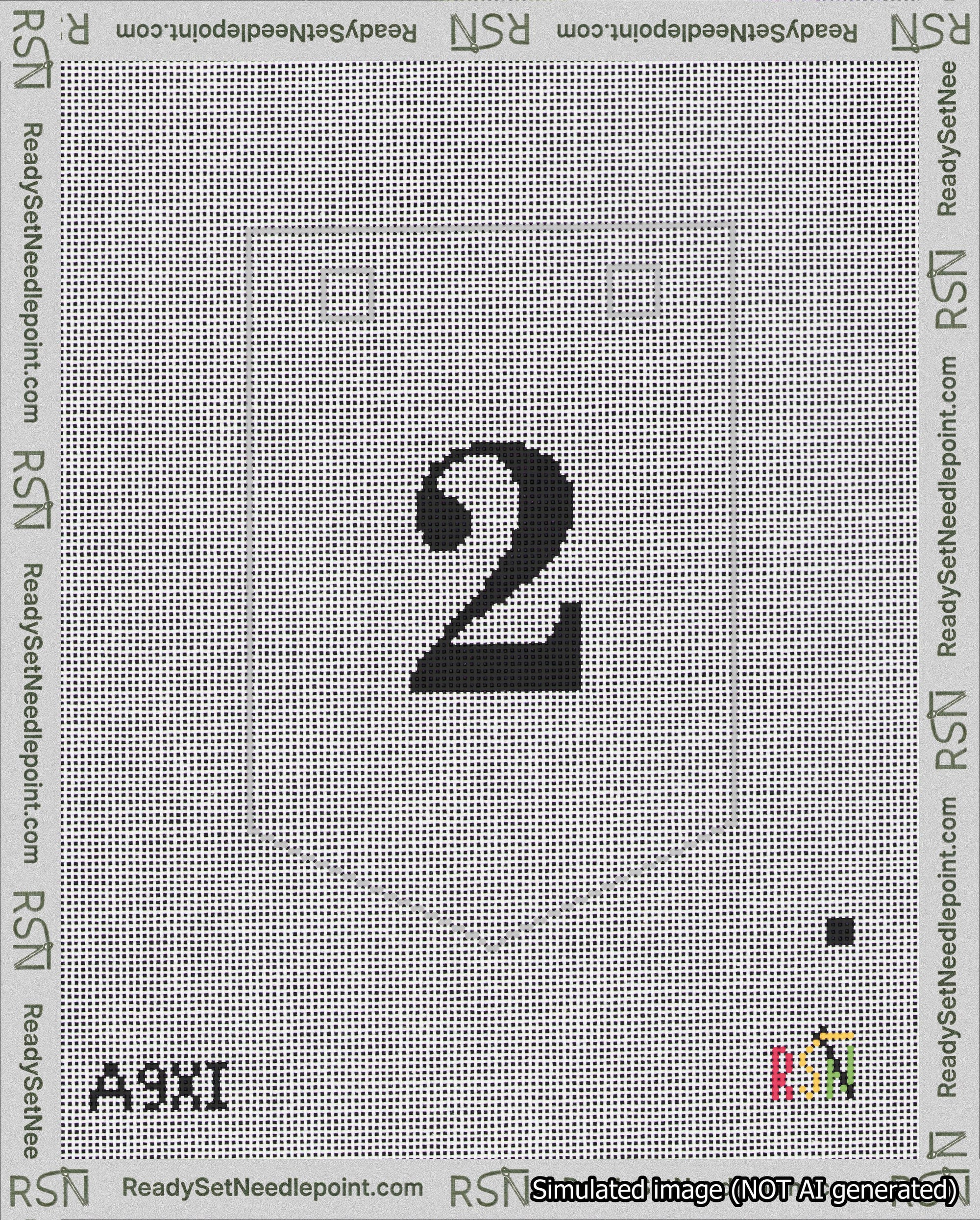 A taped needlepoint canvas with the design: Banner 18 mesh count Pointed 2 Black on White.