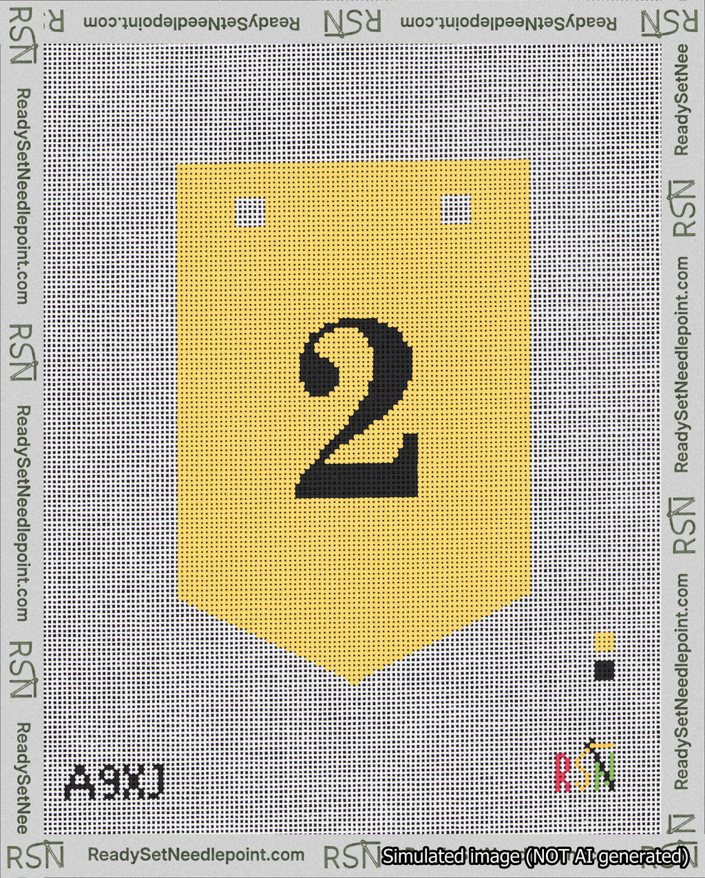 A taped needlepoint canvas with the design: Banner 18 mesh count Pointed 2 Black on Yellow.