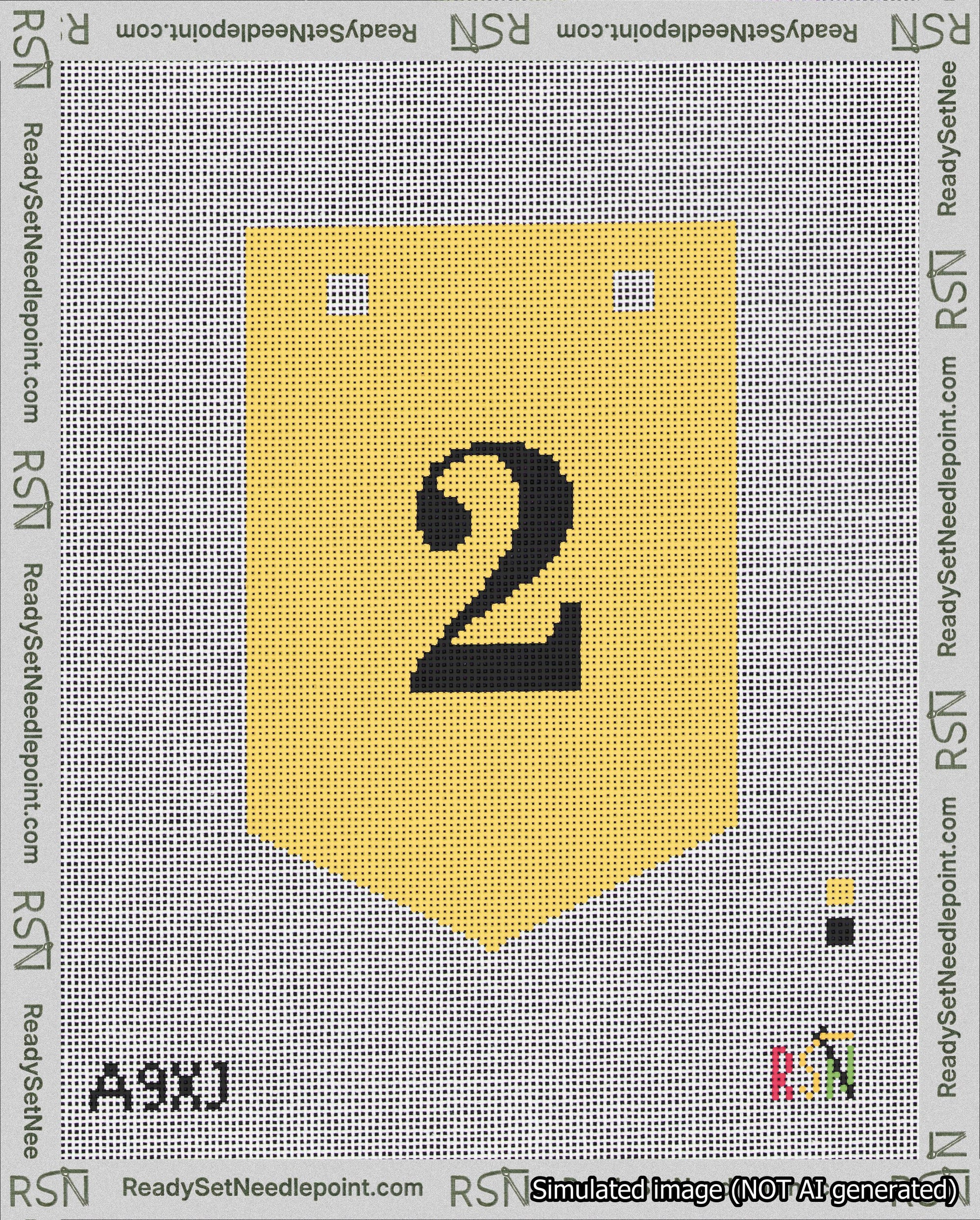 A taped needlepoint canvas with the design: Banner 18 mesh count Pointed 2 Black on Yellow.