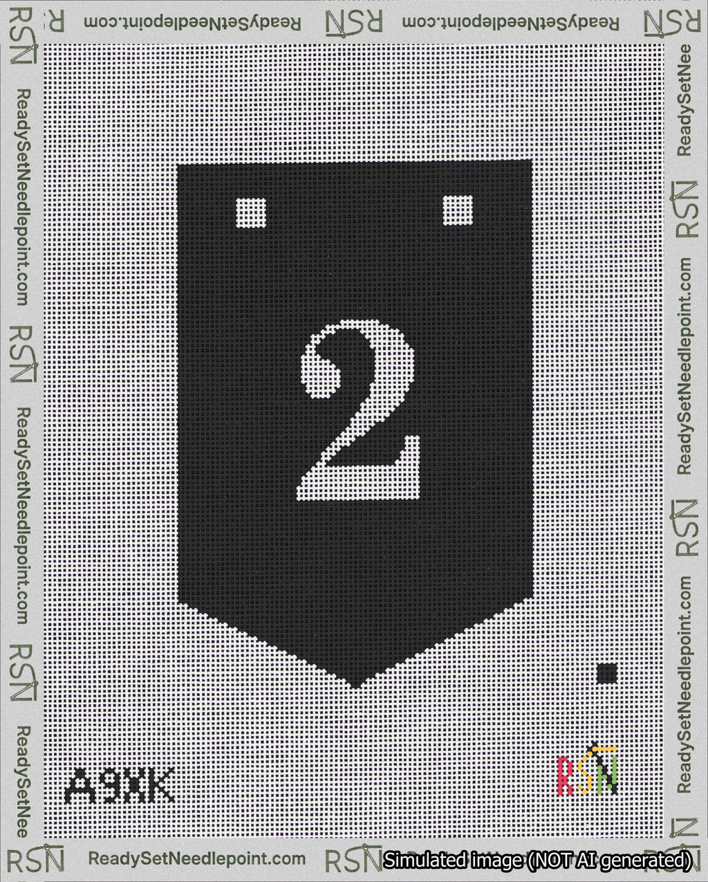 A taped needlepoint canvas with the design: Banner 18 mesh count Pointed 2 White on Black.