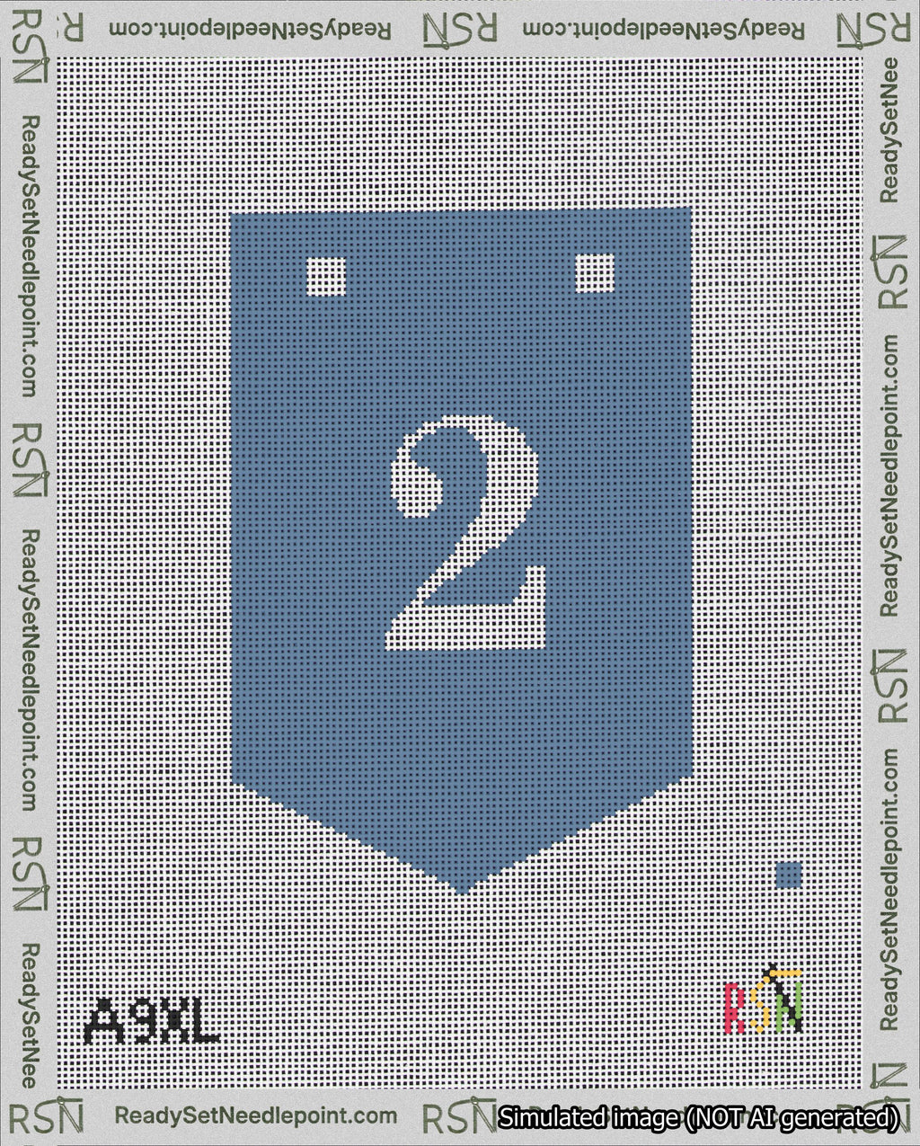 A taped needlepoint canvas with the design: Banner 18 mesh count Pointed 2 White on Blue.