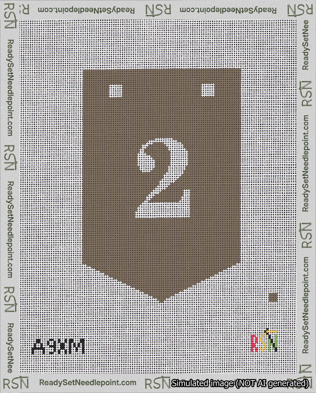 A taped needlepoint canvas with the design: Banner 18 mesh count Pointed 2 White on Brown.