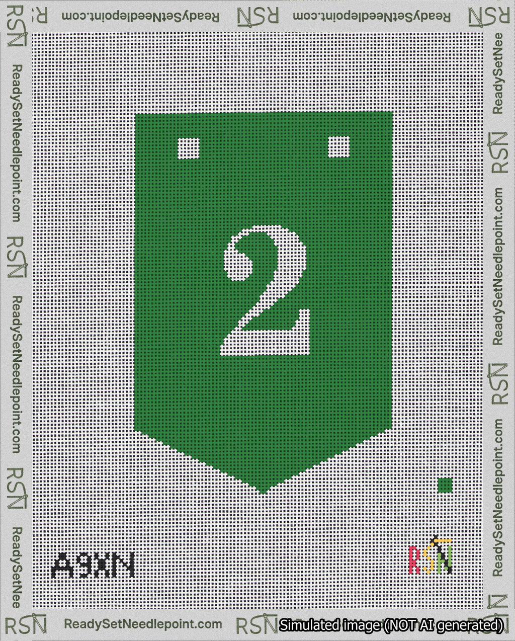 A taped needlepoint canvas with the design: Banner 18 mesh count Pointed 2 White on Green.