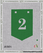 A taped needlepoint canvas with the design: Banner 18 mesh count Pointed 2 White on Green.