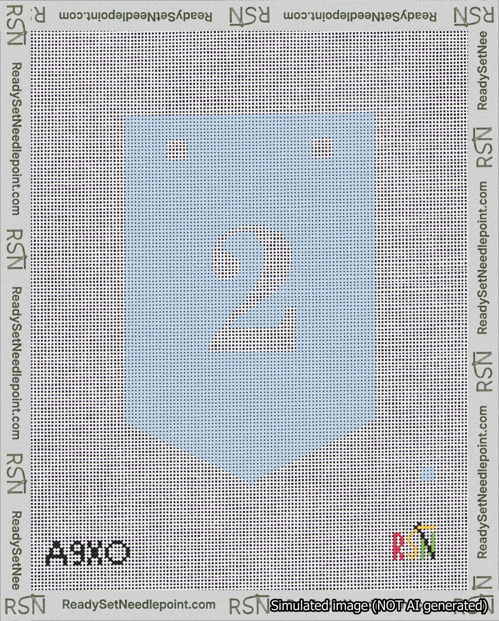 A taped needlepoint canvas with the design: Banner 18 mesh count Pointed 2 White on Light Blue.