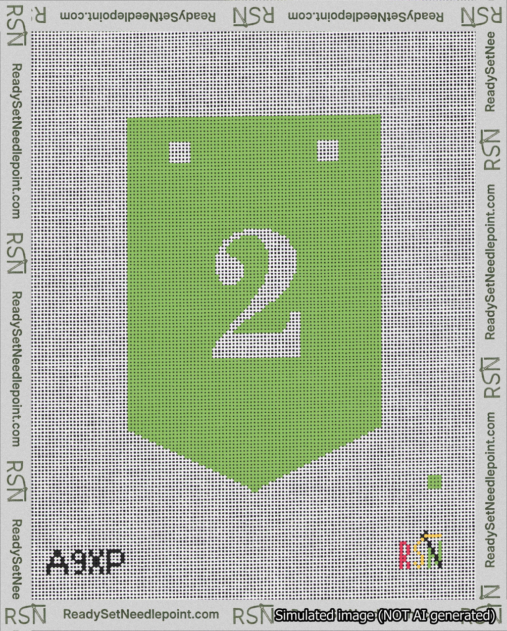 A taped needlepoint canvas with the design: Banner 18 mesh count Pointed 2 White on Light Green.