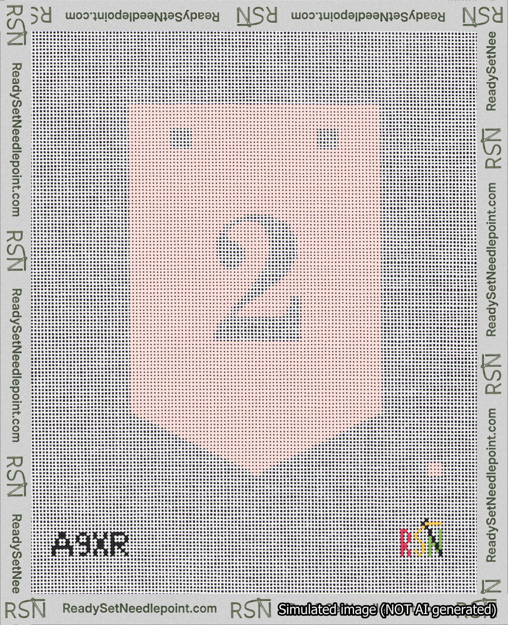 A taped needlepoint canvas with the design: Banner 18 mesh count Pointed 2 White on Pink.