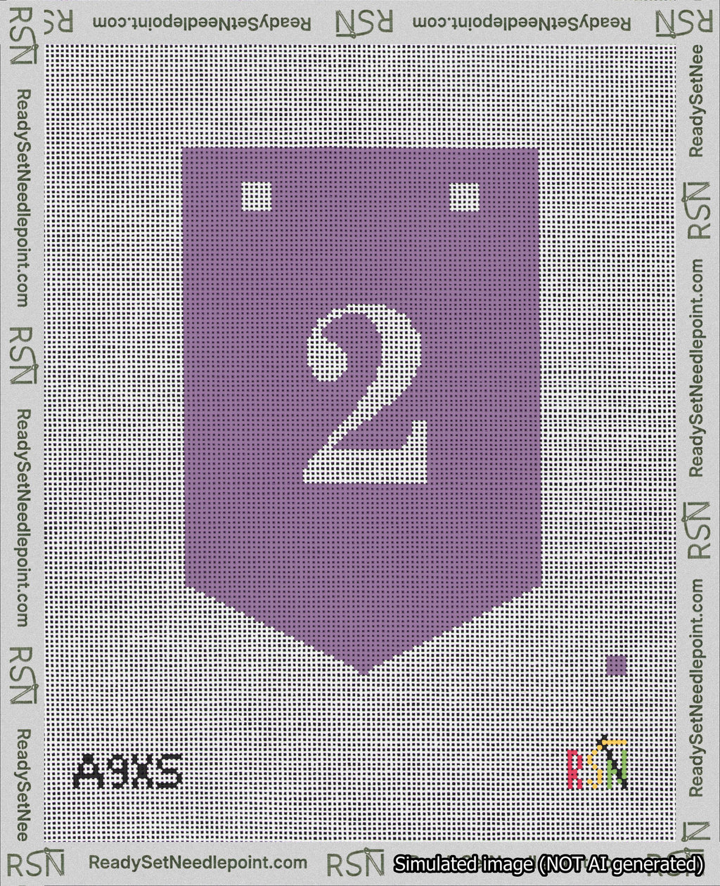 A taped needlepoint canvas with the design: Banner 18 mesh count Pointed 2 White on Purple.