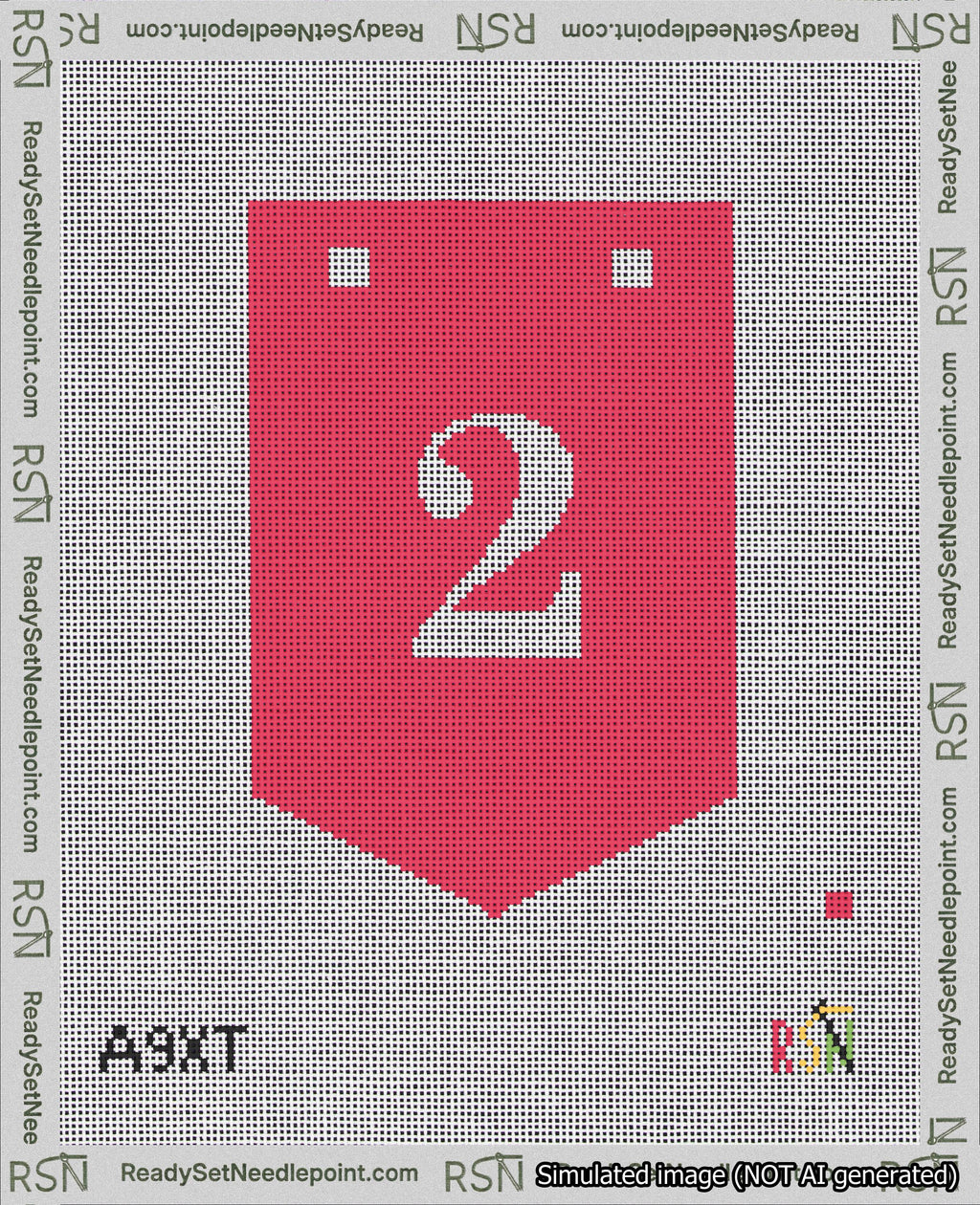A taped needlepoint canvas with the design: Banner 18 mesh count Pointed 2 White on Red.