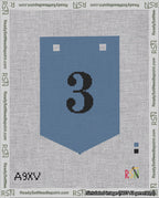 A taped needlepoint canvas with the design: Banner 18 mesh count Pointed 3 Black on Blue.