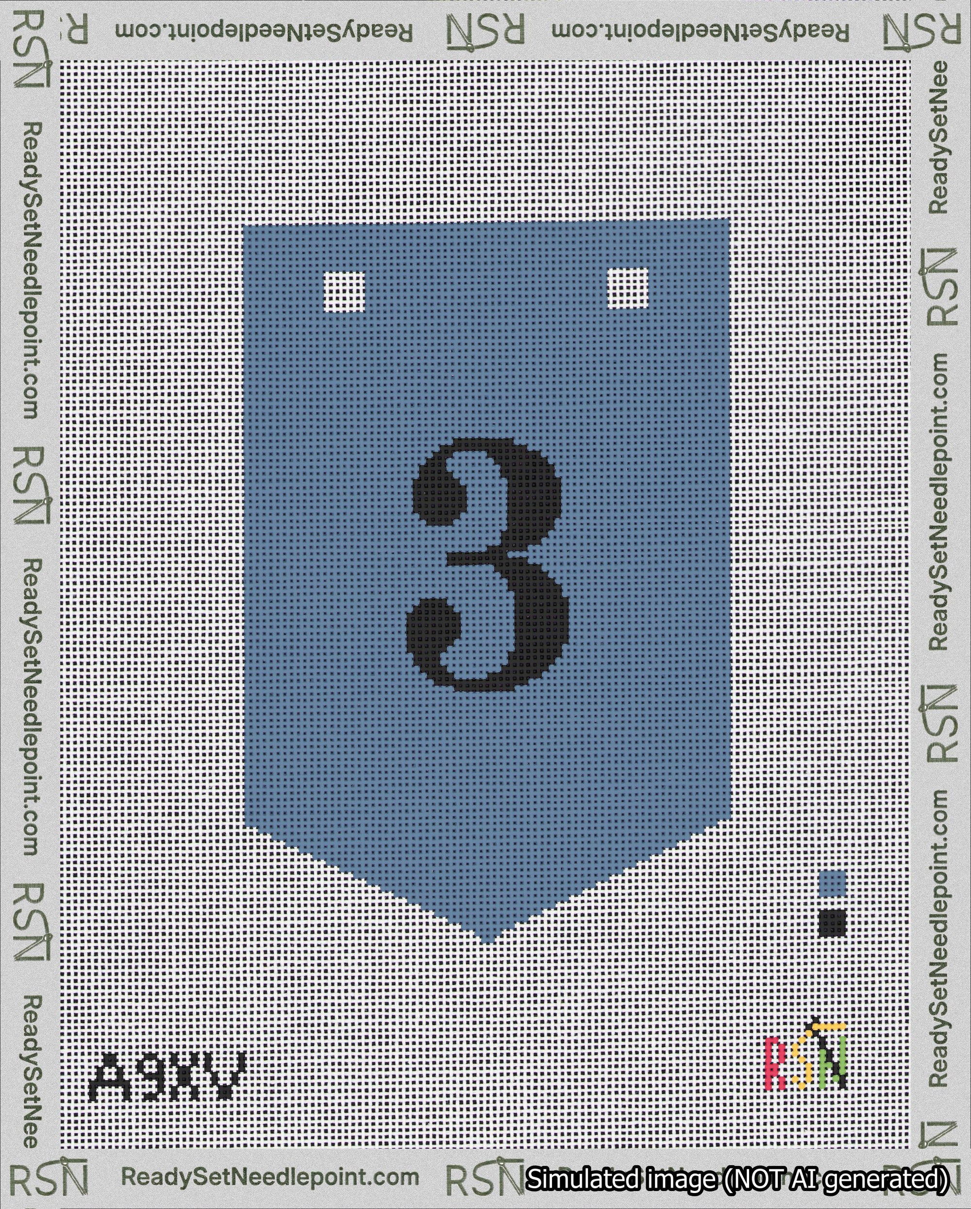 A taped needlepoint canvas with the design: Banner 18 mesh count Pointed 3 Black on Blue.