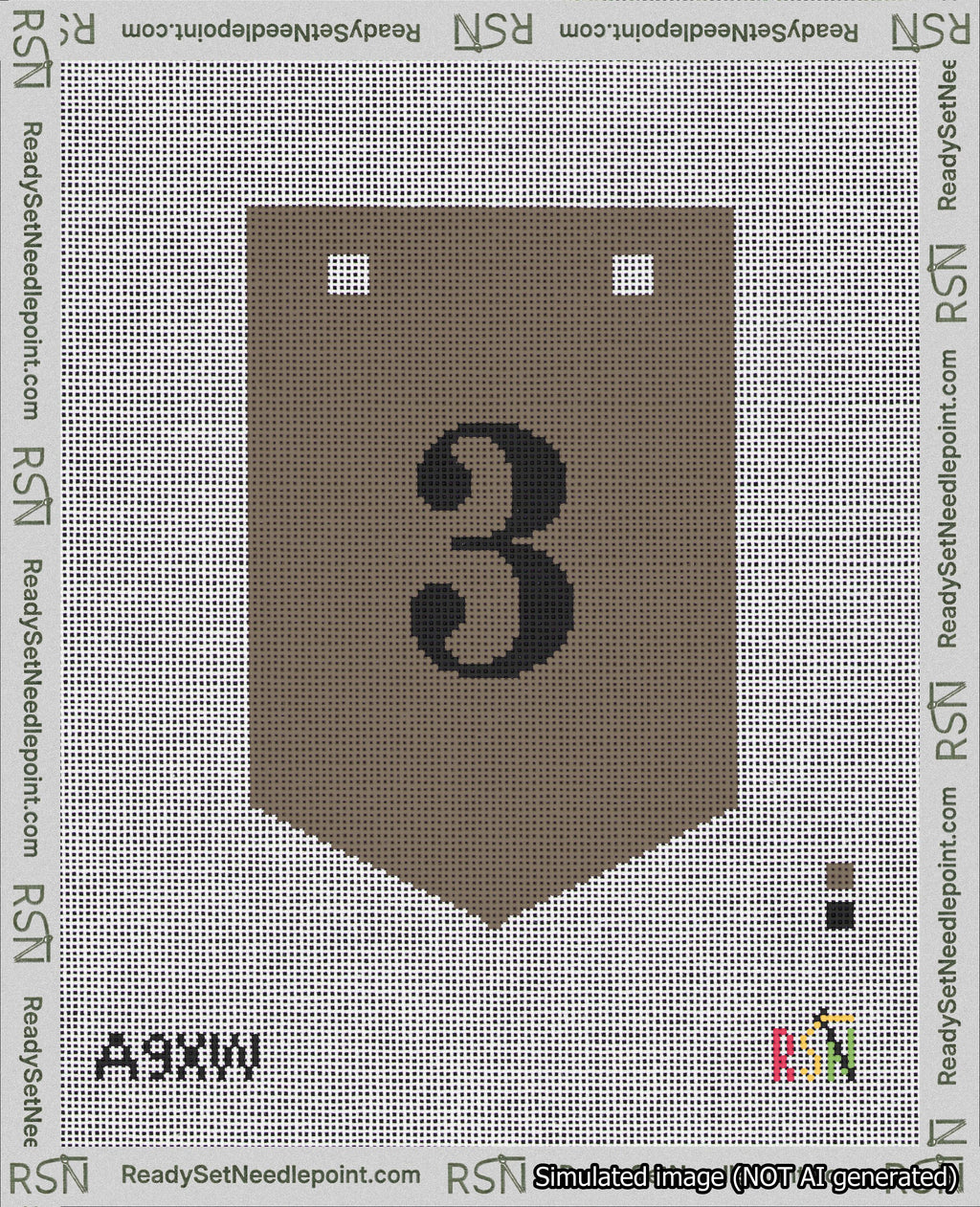 A taped needlepoint canvas with the design: Banner 18 mesh count Pointed 3 Black on Brown.