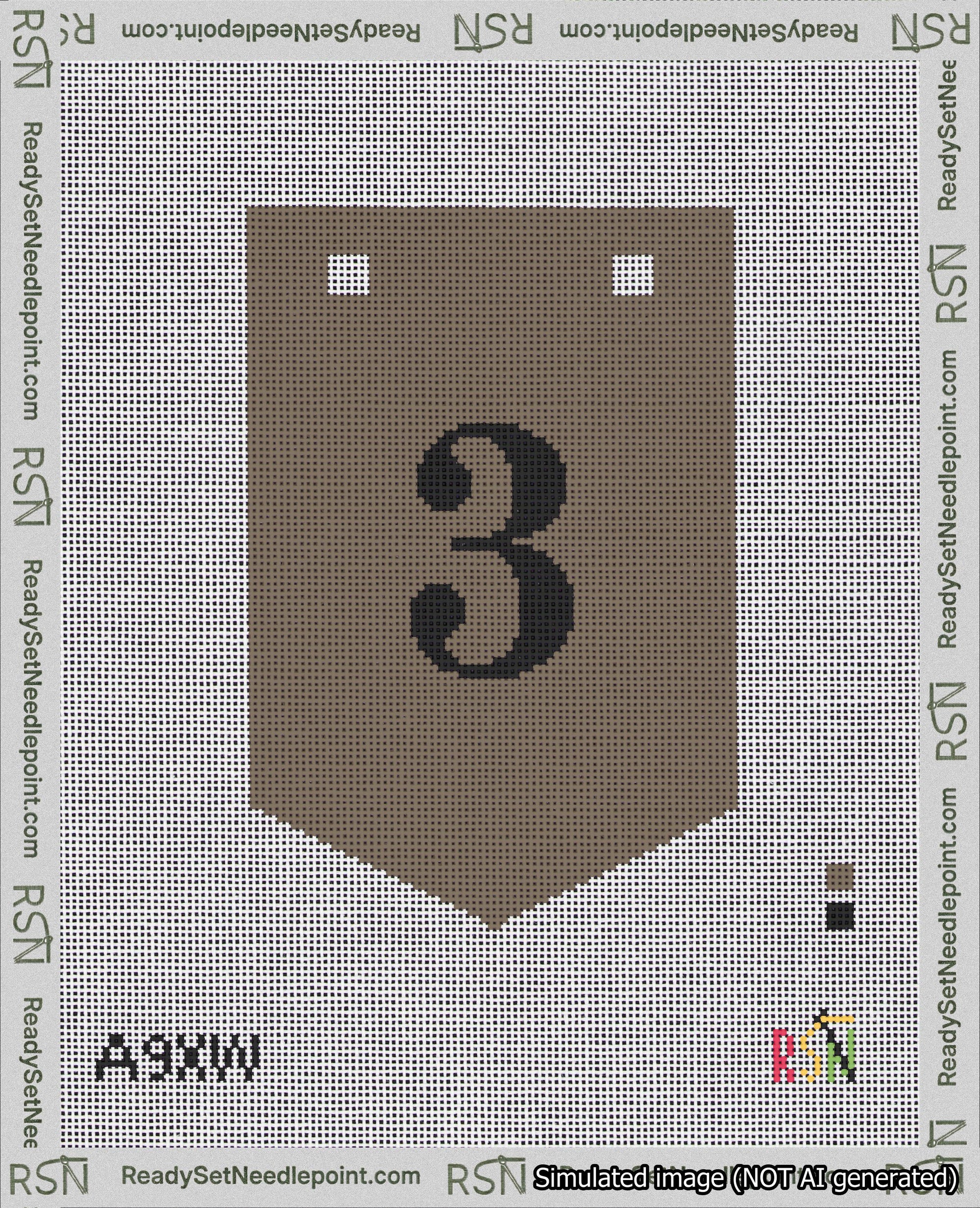A taped needlepoint canvas with the design: Banner 18 mesh count Pointed 3 Black on Brown.