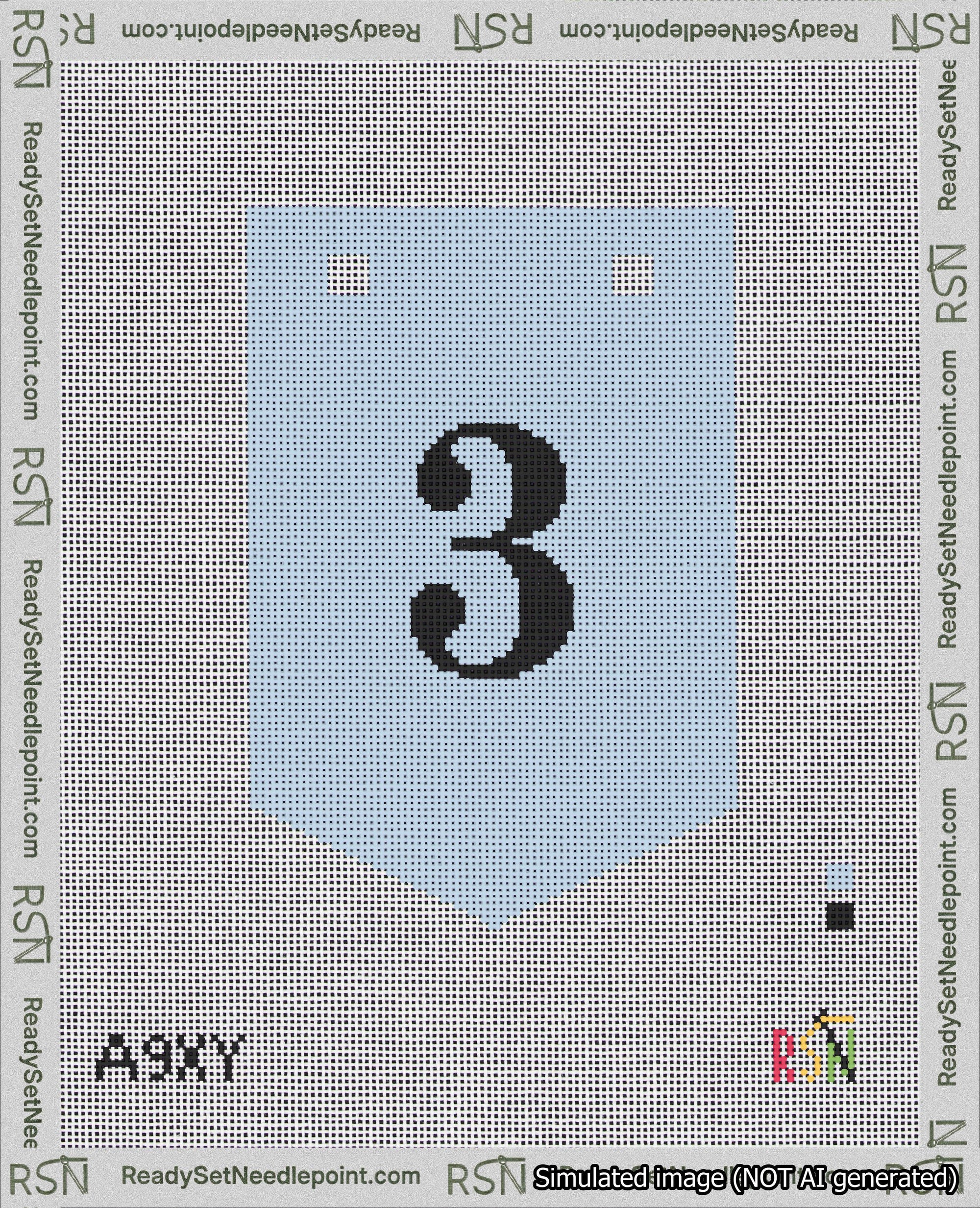 A taped needlepoint canvas with the design: Banner 18 mesh count Pointed 3 Black on Light Blue.