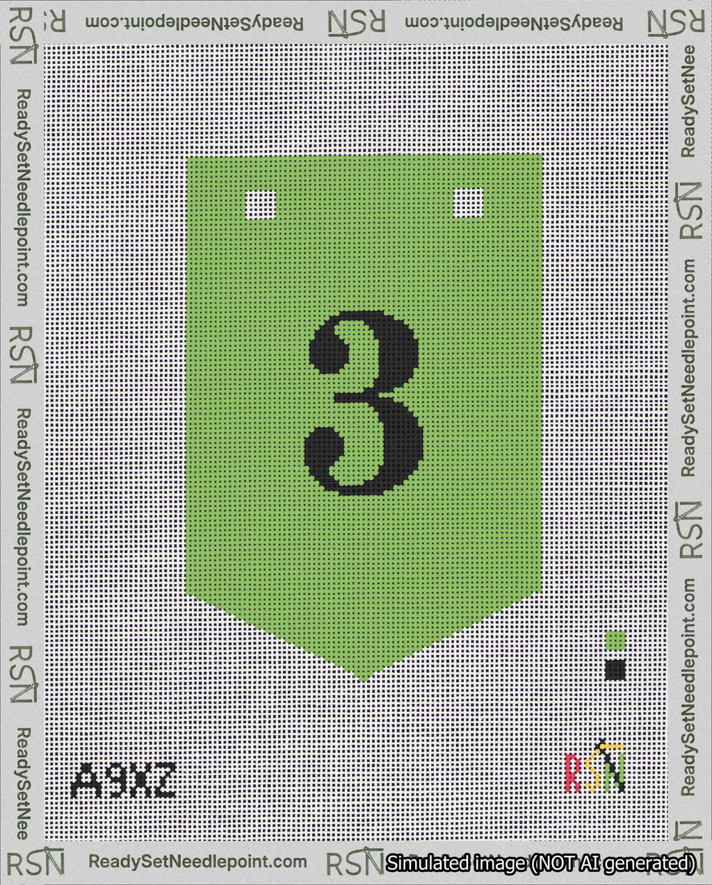 A taped needlepoint canvas with the design: Banner 18 mesh count Pointed 3 Black on Light Green.