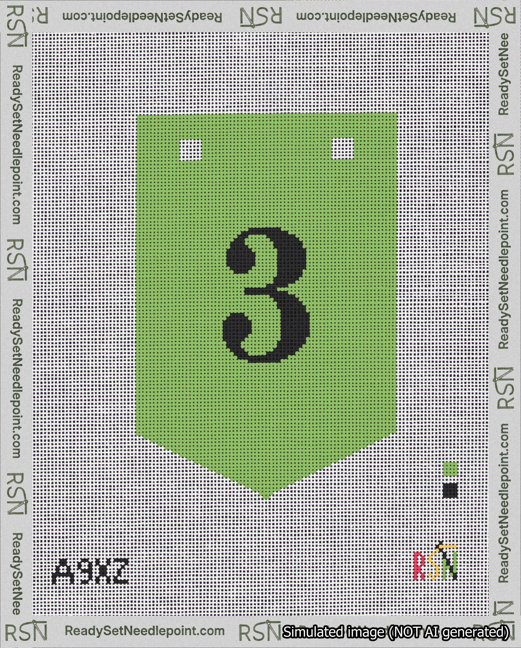 A taped needlepoint canvas with the design: Banner 18 mesh count Pointed 3 Black on Light Green.
