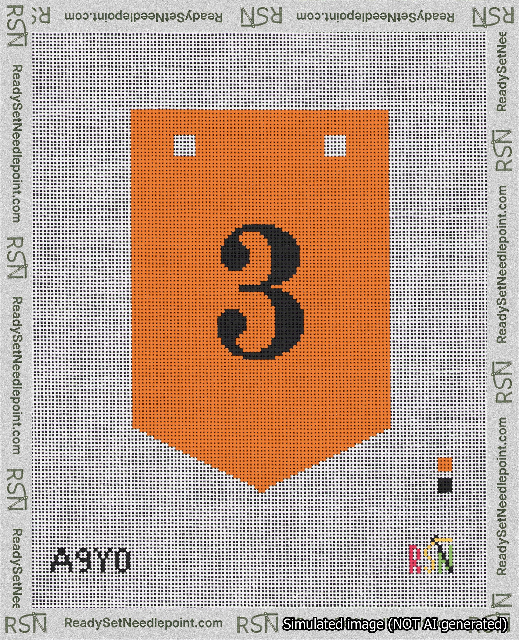 A taped needlepoint canvas with the design: Banner 18 mesh count Pointed 3 Black on Orange.