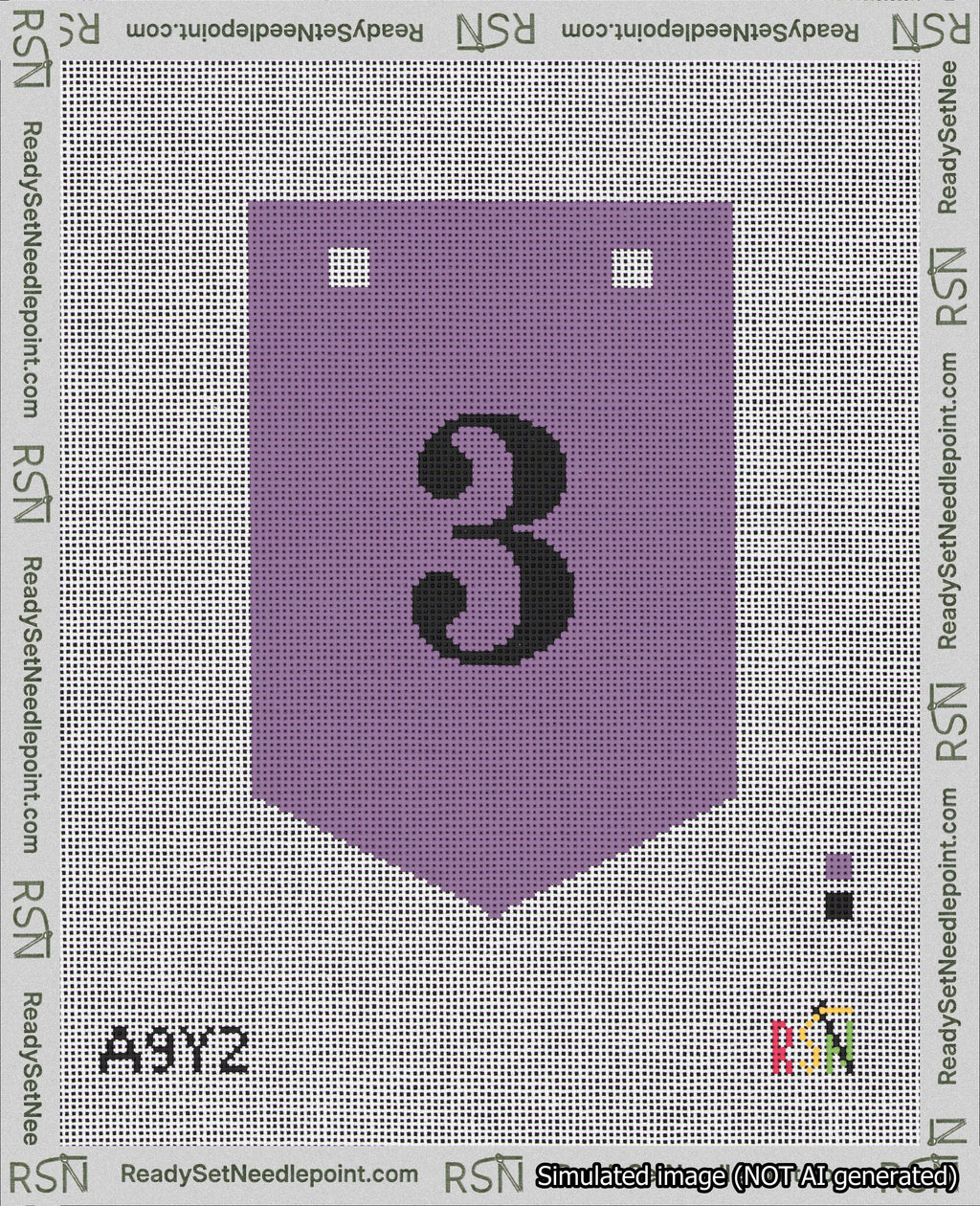 A taped needlepoint canvas with the design: Banner 18 mesh count Pointed 3 Black on Purple.