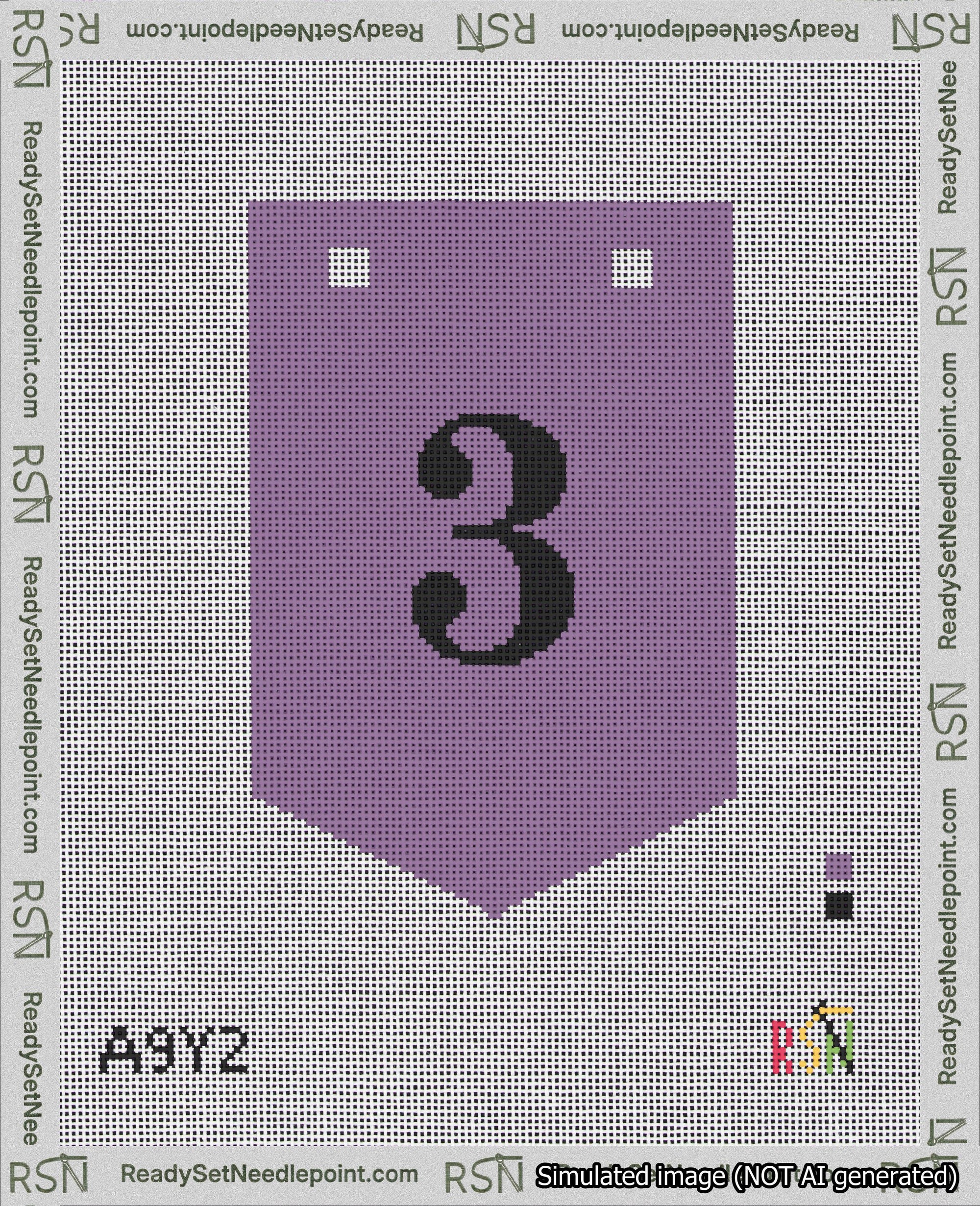 A taped needlepoint canvas with the design: Banner 18 mesh count Pointed 3 Black on Purple.