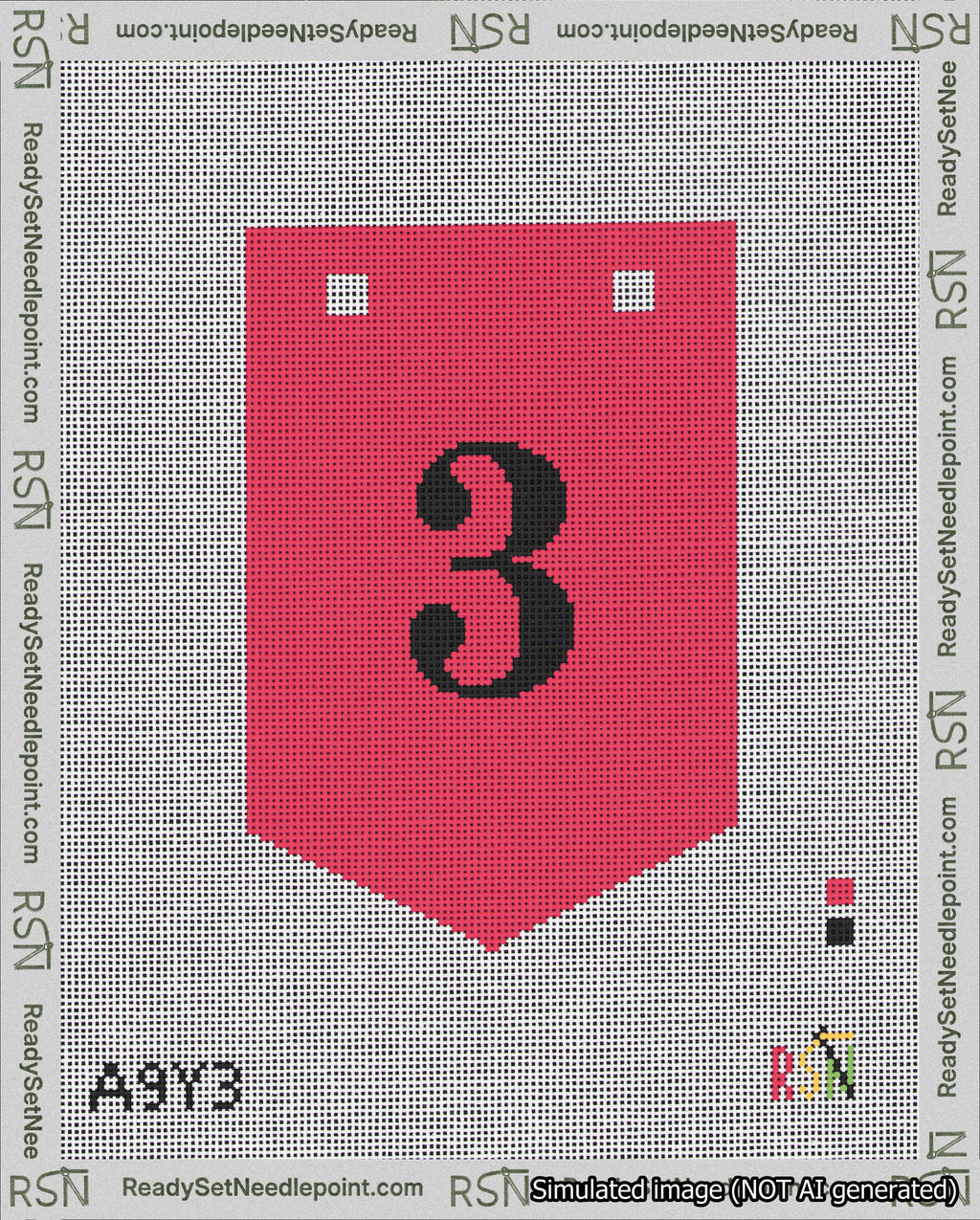 A taped needlepoint canvas with the design: Banner 18 mesh count Pointed 3 Black on Red.