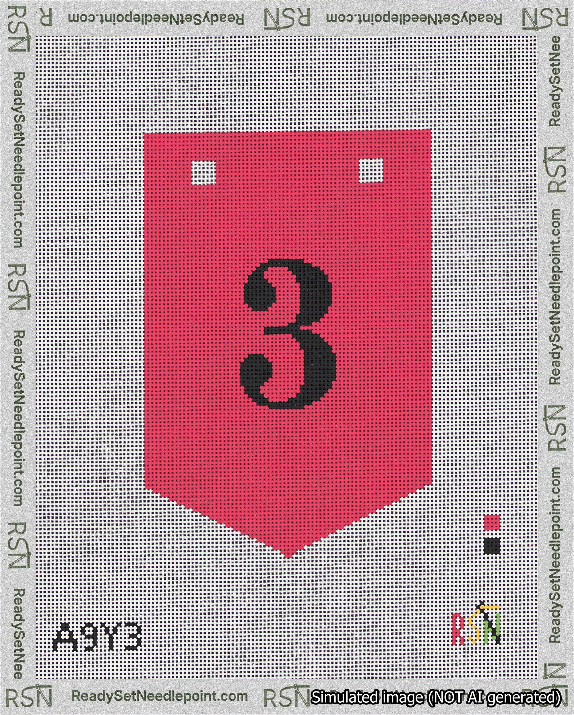 A taped needlepoint canvas with the design: Banner 18 mesh count Pointed 3 Black on Red.