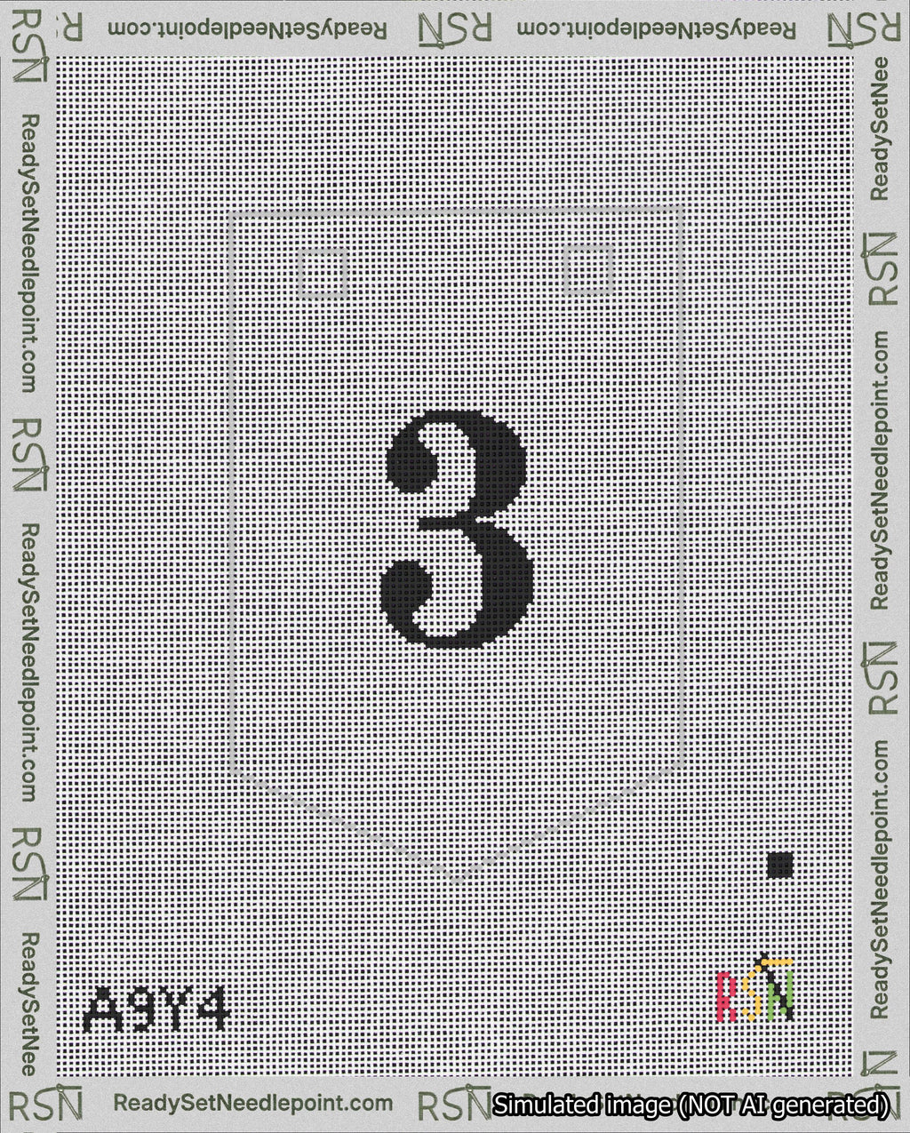A taped needlepoint canvas with the design: Banner 18 mesh count Pointed 3 Black on White.
