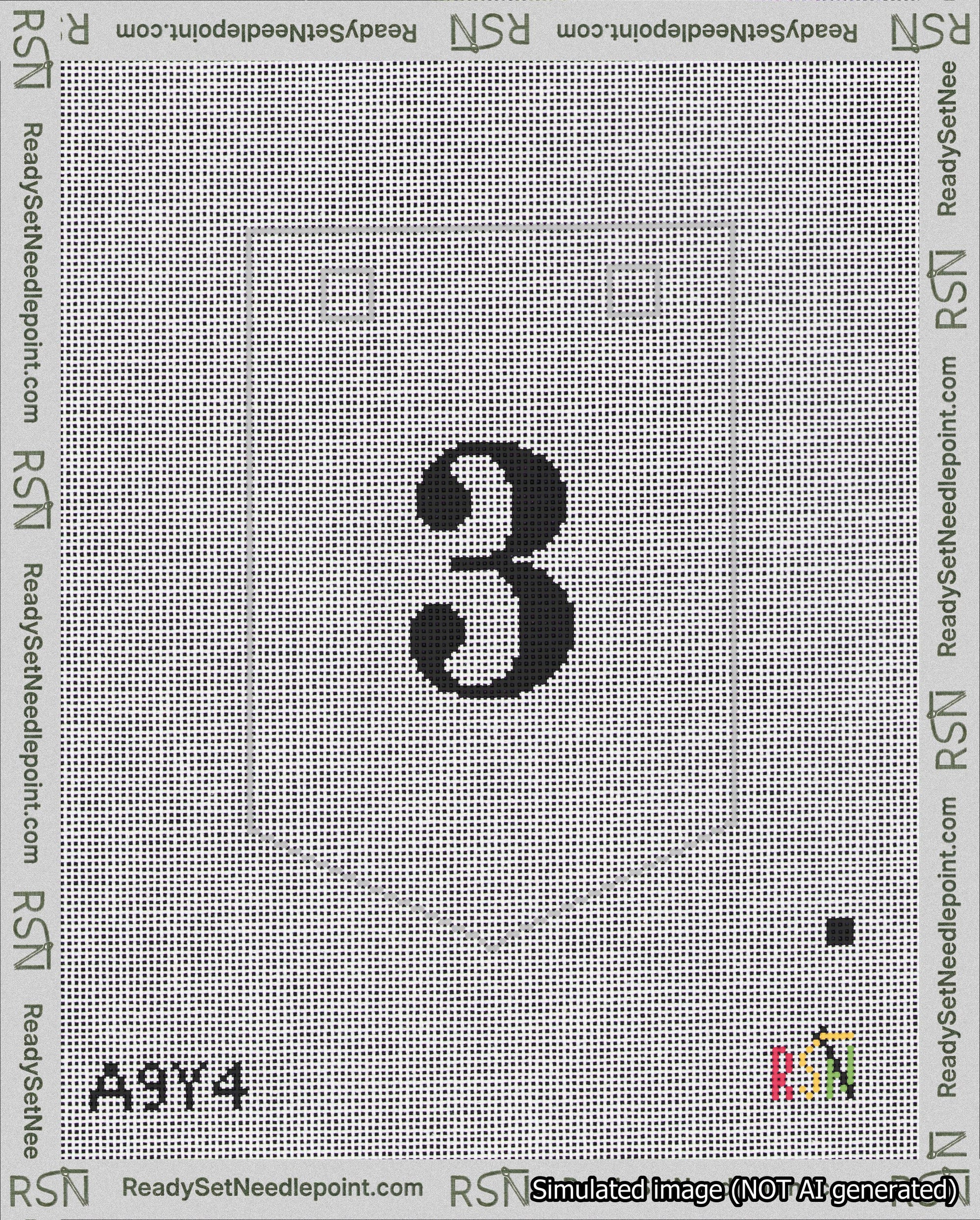 A taped needlepoint canvas with the design: Banner 18 mesh count Pointed 3 Black on White.