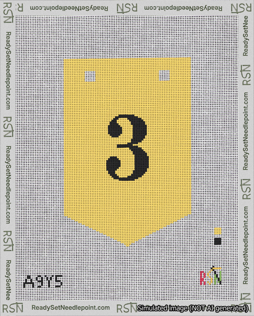 A taped needlepoint canvas with the design: Banner 18 mesh count Pointed 3 Black on Yellow.