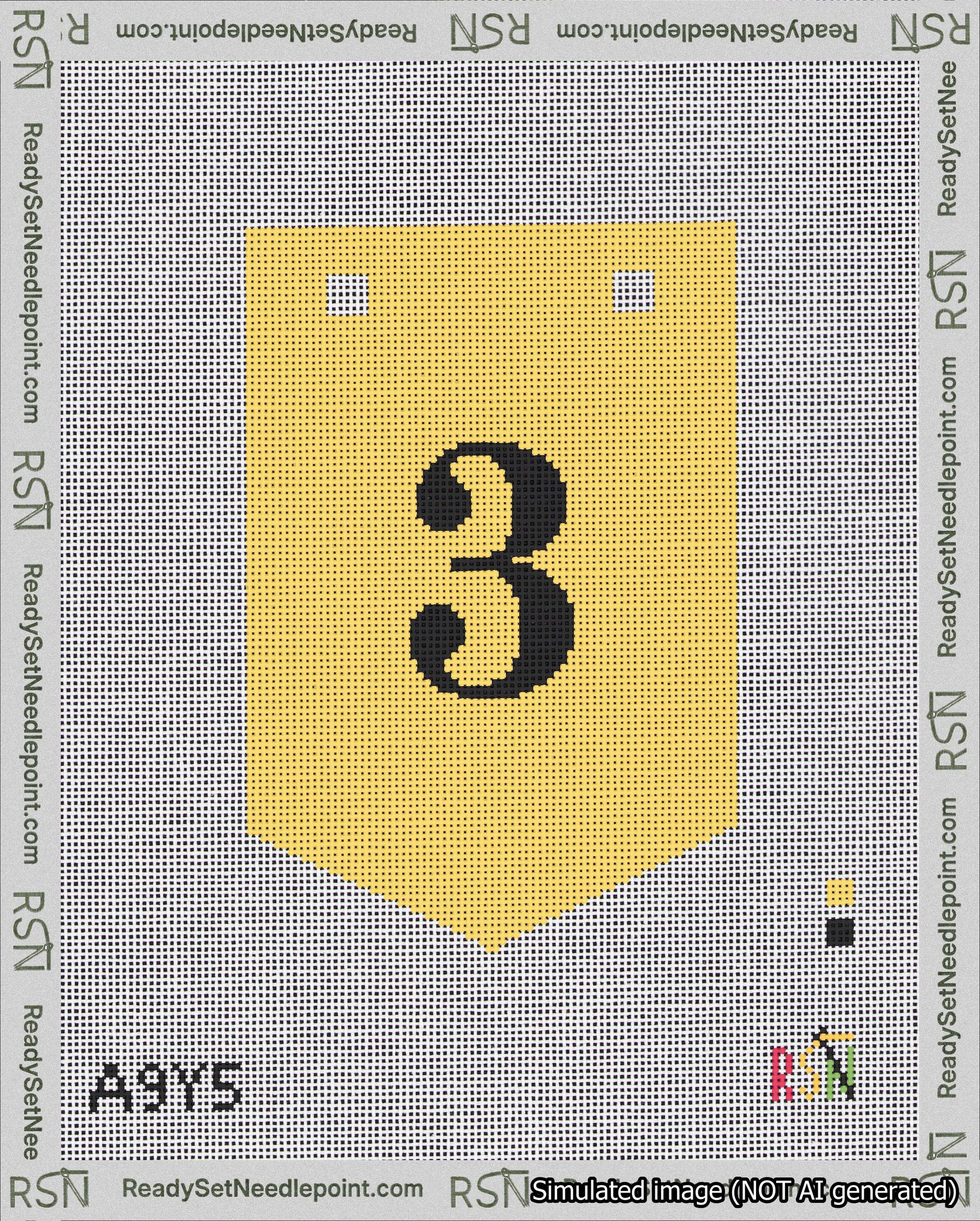 A taped needlepoint canvas with the design: Banner 18 mesh count Pointed 3 Black on Yellow.