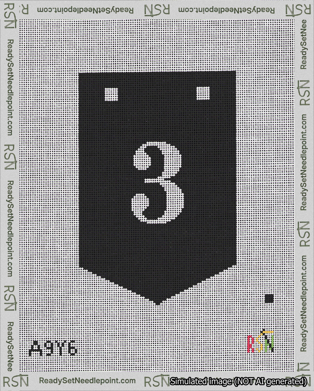A taped needlepoint canvas with the design: Banner 18 mesh count Pointed 3 White on Black.