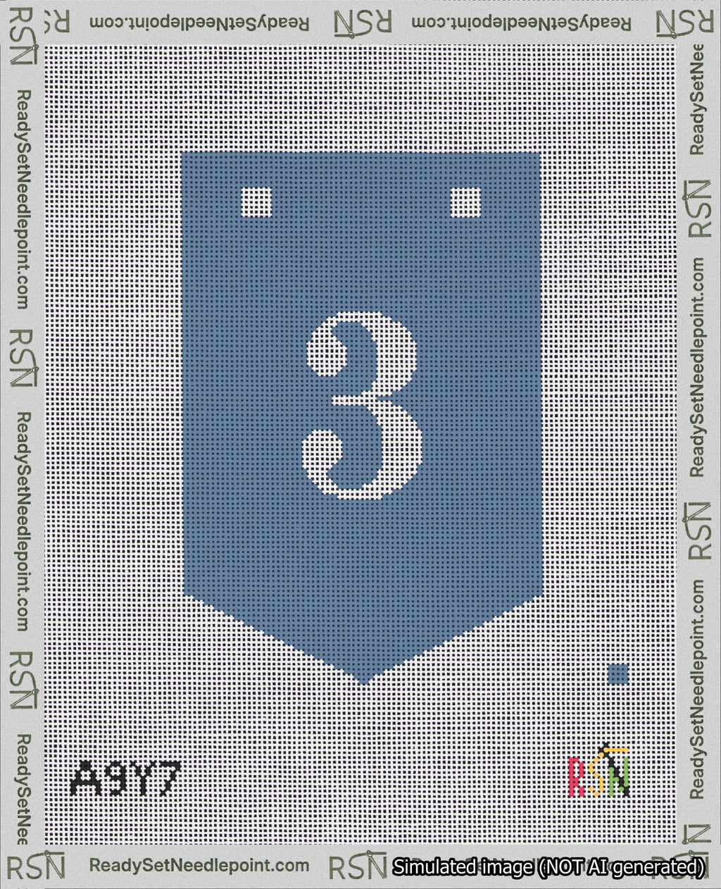 A taped needlepoint canvas with the design: Banner 18 mesh count Pointed 3 White on Blue.