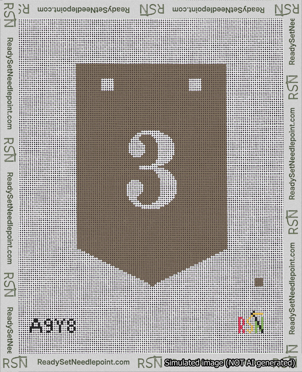 A taped needlepoint canvas with the design: Banner 18 mesh count Pointed 3 White on Brown.