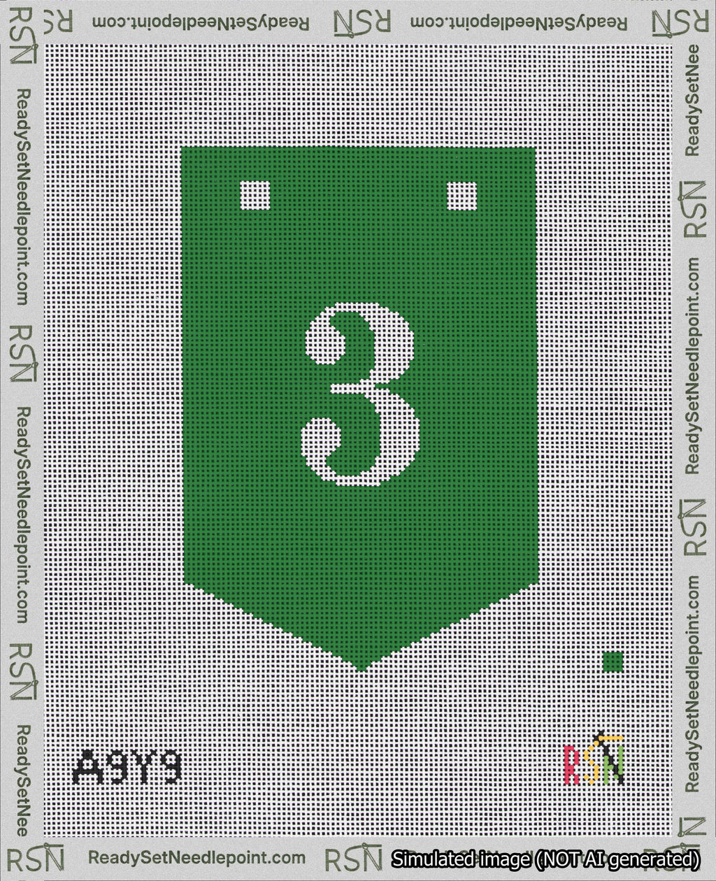 A taped needlepoint canvas with the design: Banner 18 mesh count Pointed 3 White on Green.