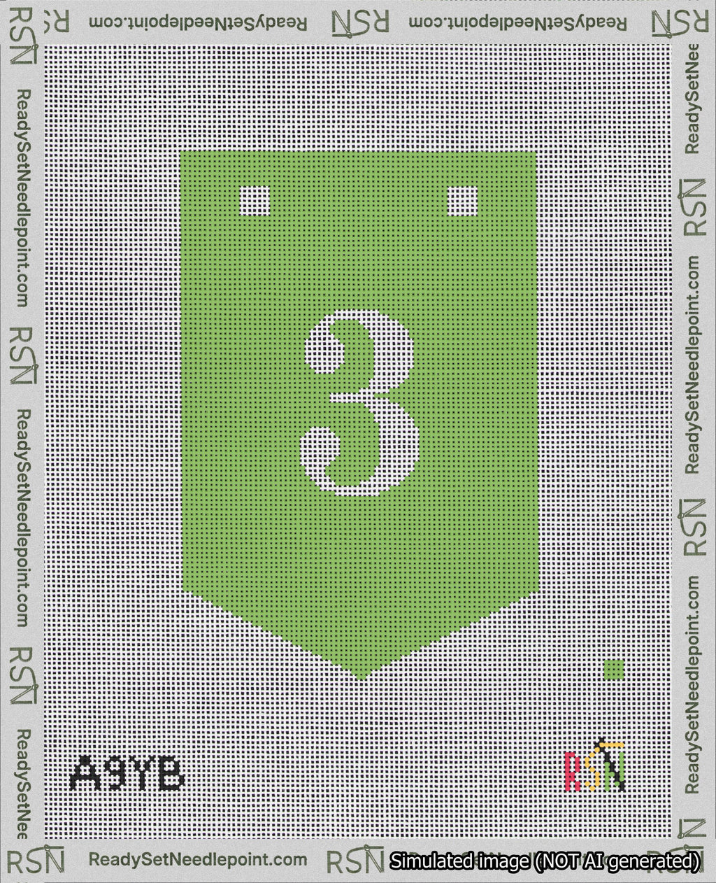 A taped needlepoint canvas with the design: Banner 18 mesh count Pointed 3 White on Light Green.