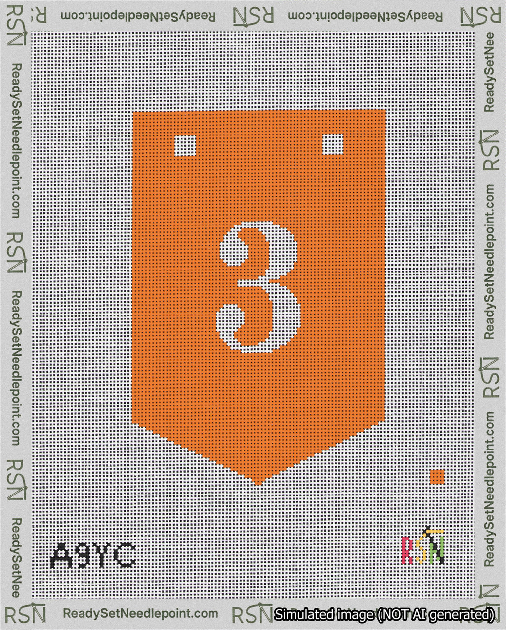 A taped needlepoint canvas with the design: Banner 18 mesh count Pointed 3 White on Orange.